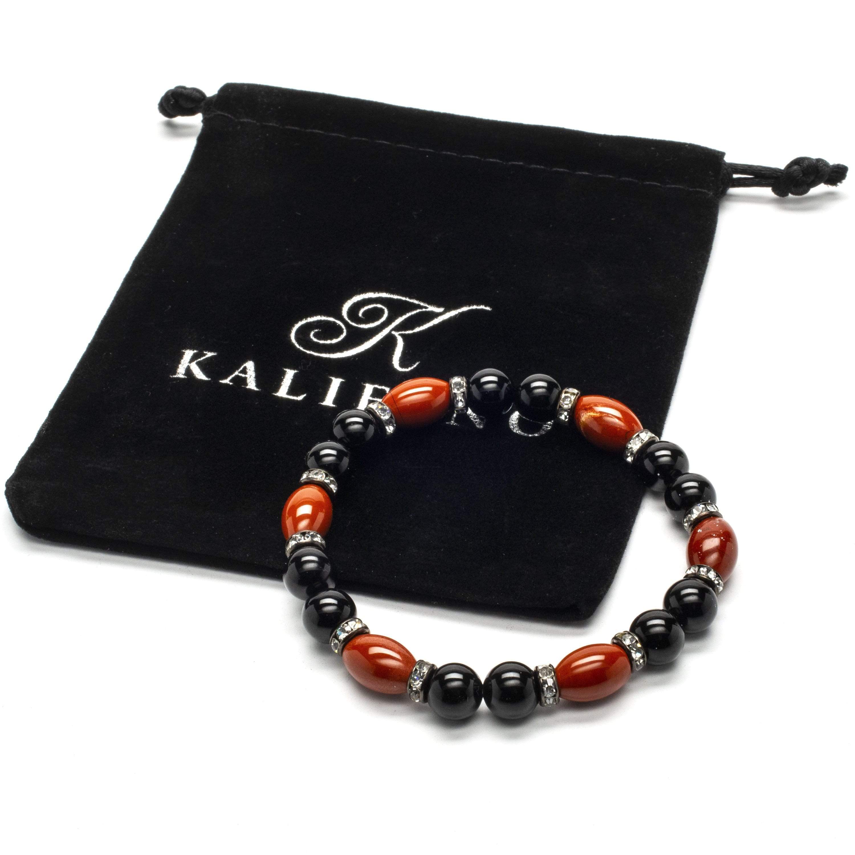 Kalifano Gemstone Bracelets Round Black Agate and Oval Carnelian Gemstone Bead Elastic Braceletwith Crystal Accent Beads WHITE-BGP-024