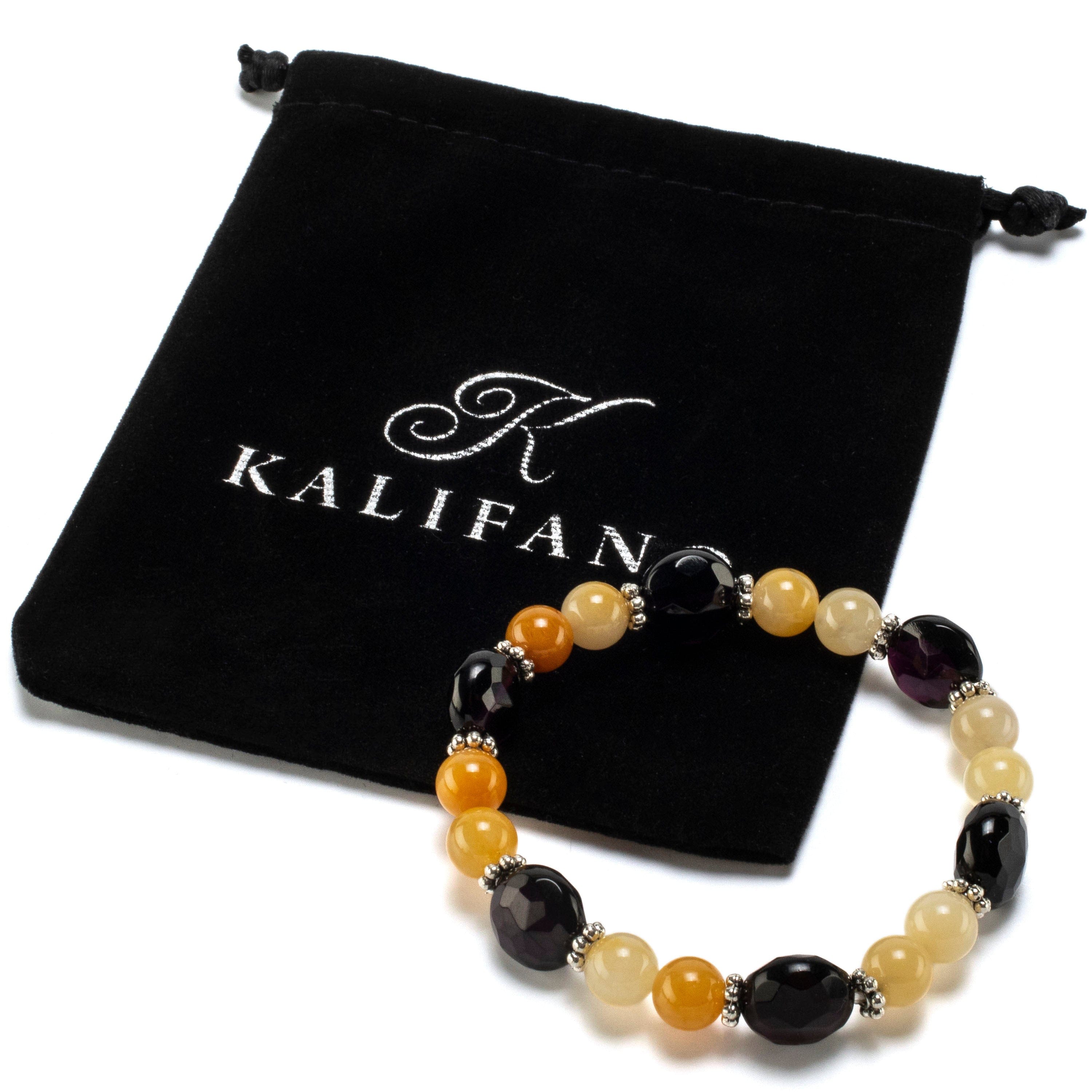Kalifano Gemstone Bracelets Round Butter Jade and Faceted Flat Circle Black Agate with Accent Beads Gemstone Elastic Bracelet BLUE-BGP-040