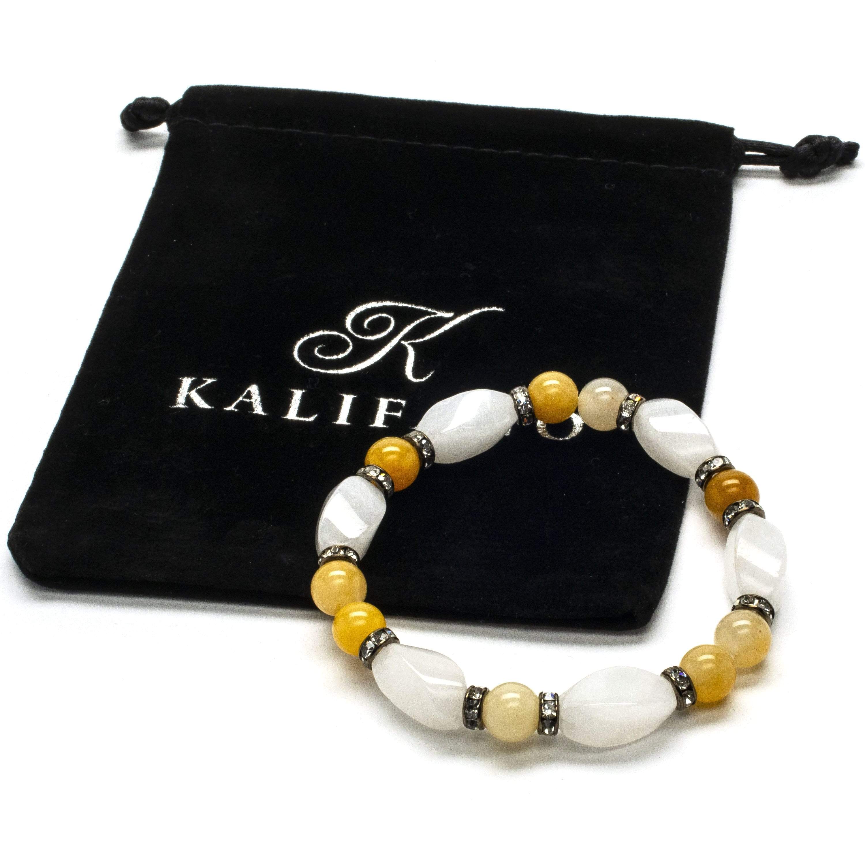 Kalifano Gemstone Bracelets Round Butter Jade and Light Rose Quartz Gemstone Elastic Braceletwith Crystal Accent Beads WHITE-BGP-022