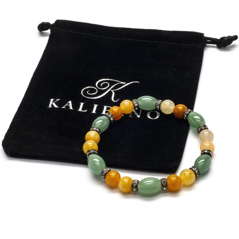 Kalifano Gemstone Bracelets Round Butter Jade and Oval Aventurine Gemstone Bead Elastic Braceletwith Crytal Accent Beads WHITE-BGP-011