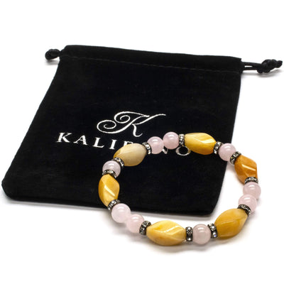 Kalifano Gemstone Bracelets Round Rose Quartz and Butter Jade Gemstone Elastic Braceletwith Crystal Accent Beads WHITE-BGP-016