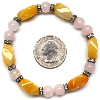 Kalifano Gemstone Bracelets Round Rose Quartz and Butter Jade Gemstone Elastic Braceletwith Crystal Accent Beads WHITE-BGP-016