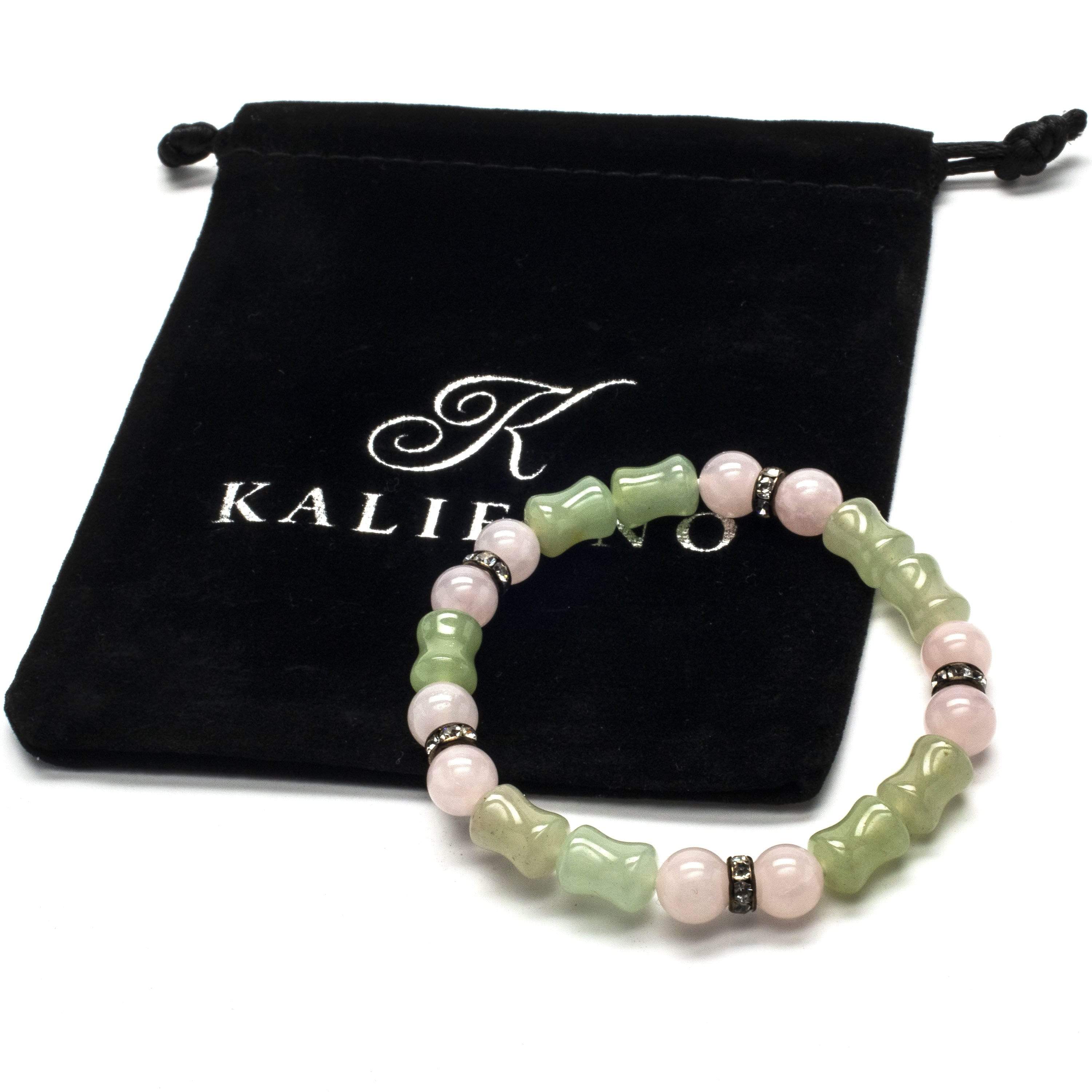 Kalifano Gemstone Bracelets Round Rose Quartz and Hourglass Aventurine Gemstone Elastic Braceletwith Crystal Accent Beads WHITE-BGP-014