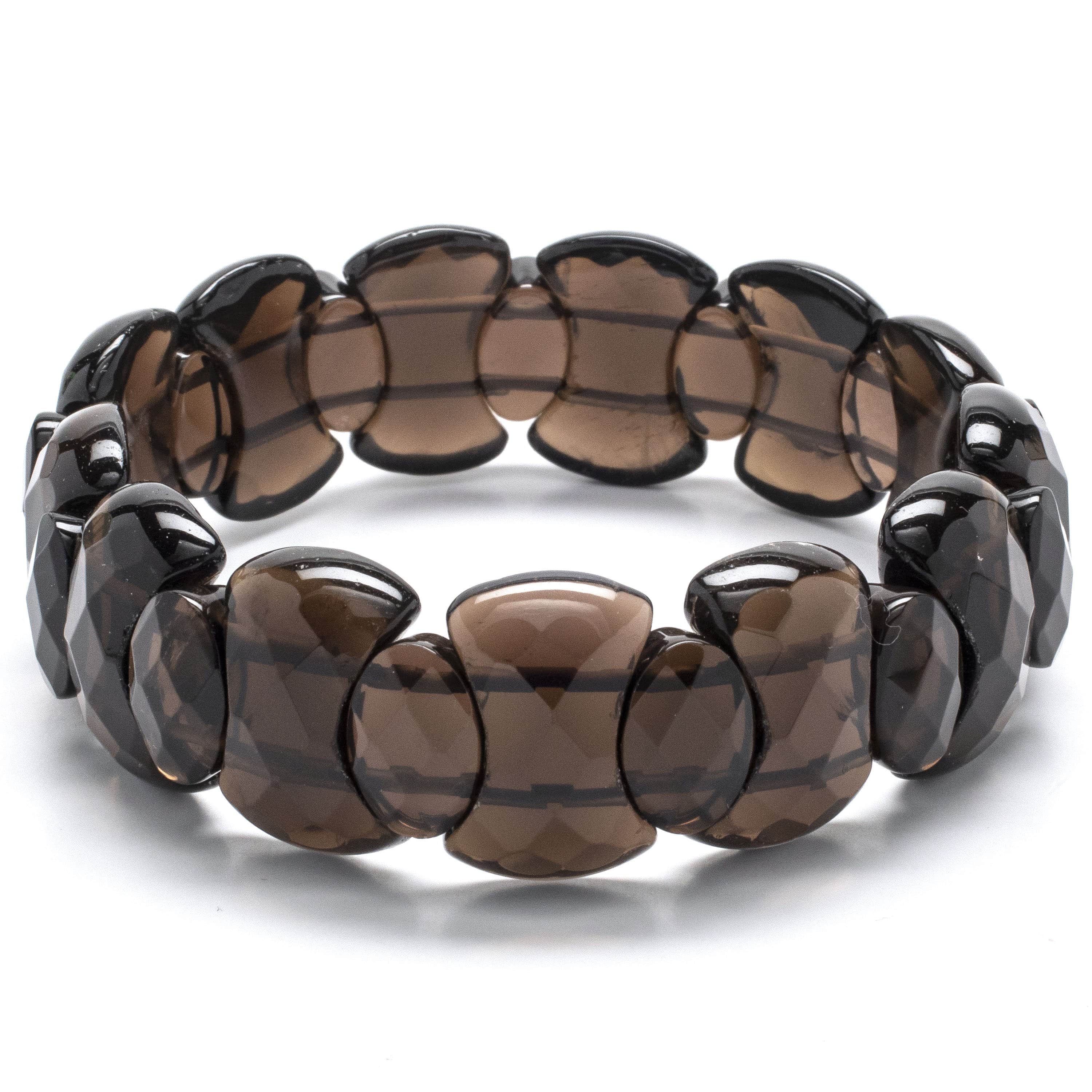 Kalifano Gemstone Bracelets Smokey Quartz Faceted Natural Gemstone Elastic Bracelet GOLD-BGP-050