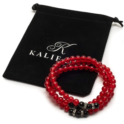 Kalifano Gemstone Bracelets Strawberry Agate 6mm Beads with Black Agate Crystal Accent Beads Triple Wrap Elastic Gemstone Bracelet WHITE-BGI3-028