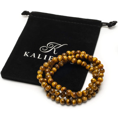 Kalifano Gemstone Bracelets Tiger Eye 6mm Gemstone Bead Triple Wrap Elastic Bracelet WHITE-BGI3-002