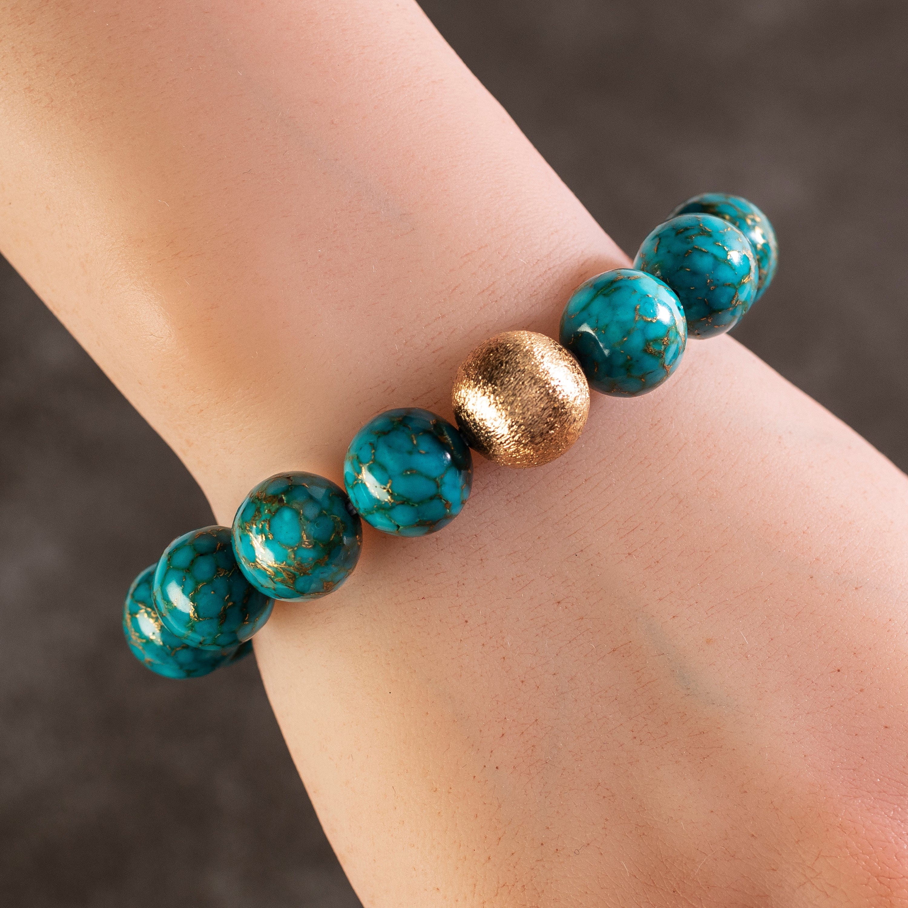 Kalifano Gemstone Bracelets Turquoise 13mm Gemstone Bead Bracelet with Gold Accent Bead RED-BGP-047