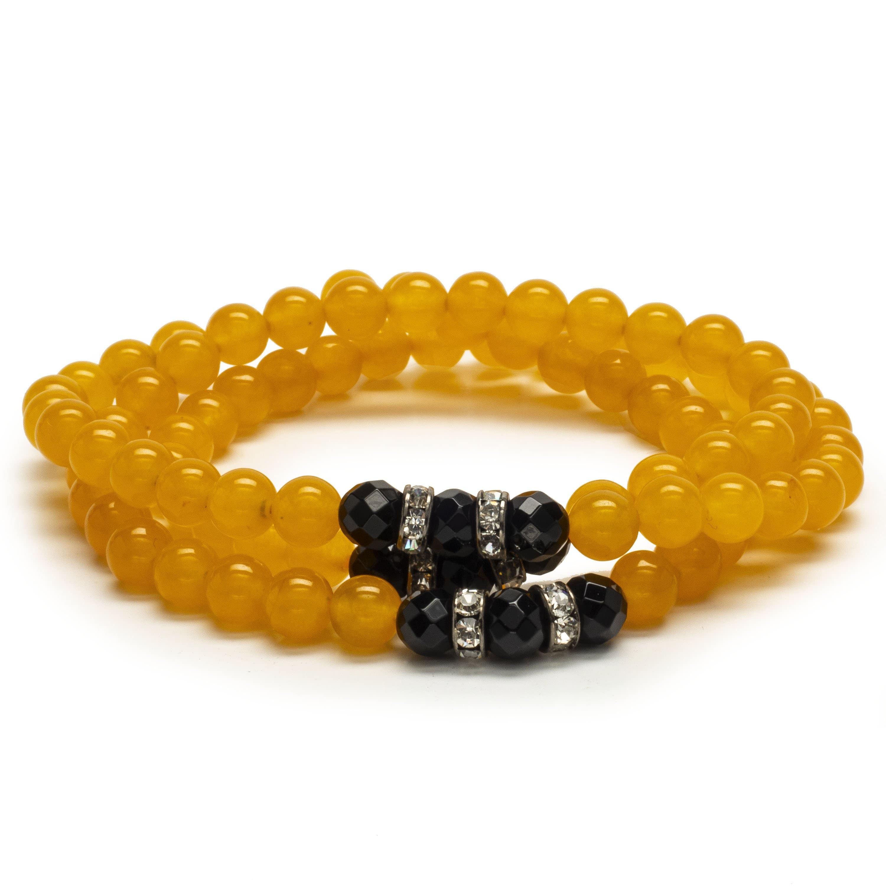 Kalifano Gemstone Bracelets Yellow Agate 6mm Beads with Black Agate and Silver Crystal Accent Beads Triple Wrap Elastic Gemstone Bracelet WHITE-BGI3-065