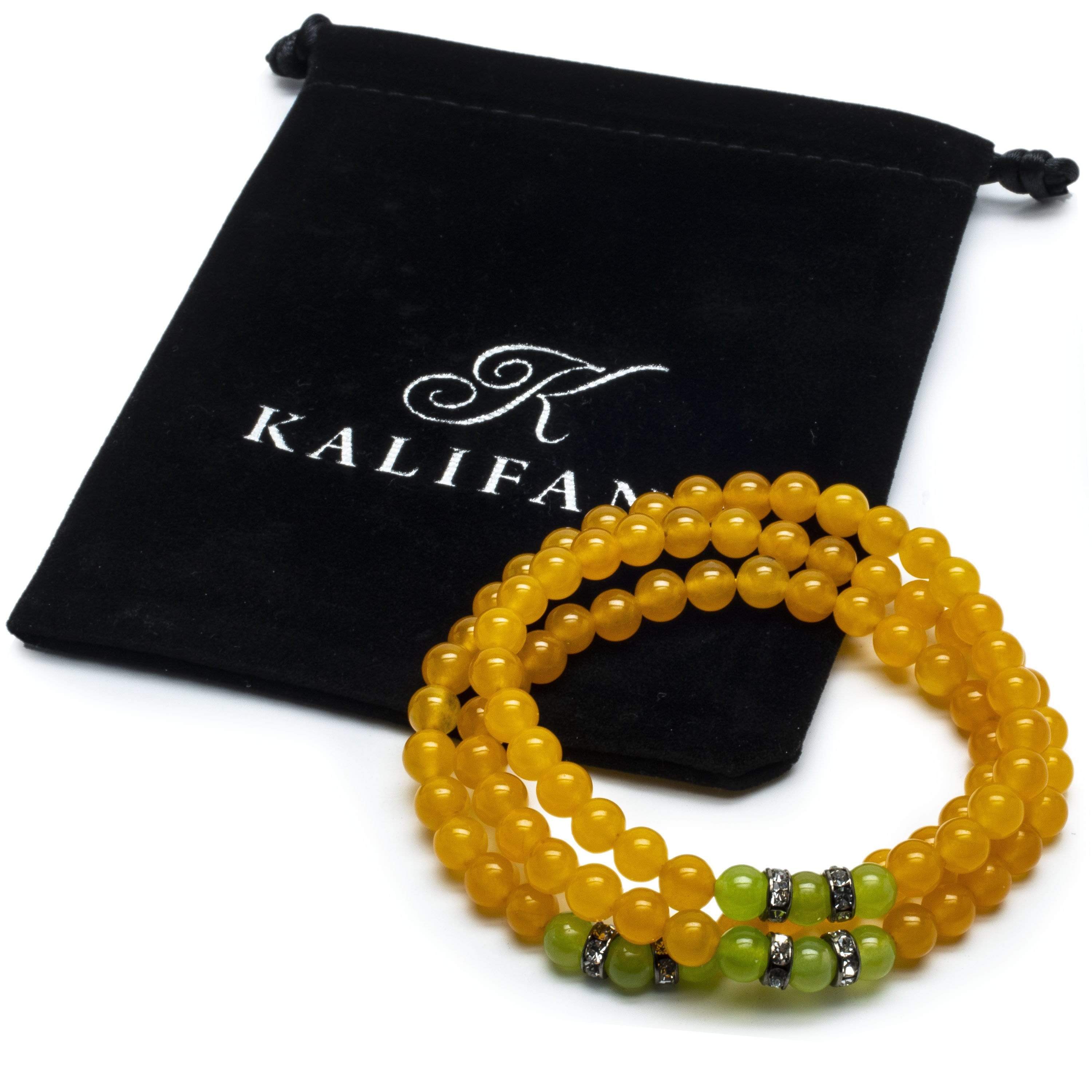 Kalifano Gemstone Bracelets Yellow Agate 6mm Beads with Green Agate and Silver Crystal Accent Beads Triple Wrap Elastic Gemstone Bracelet WHITE-BGI3-064