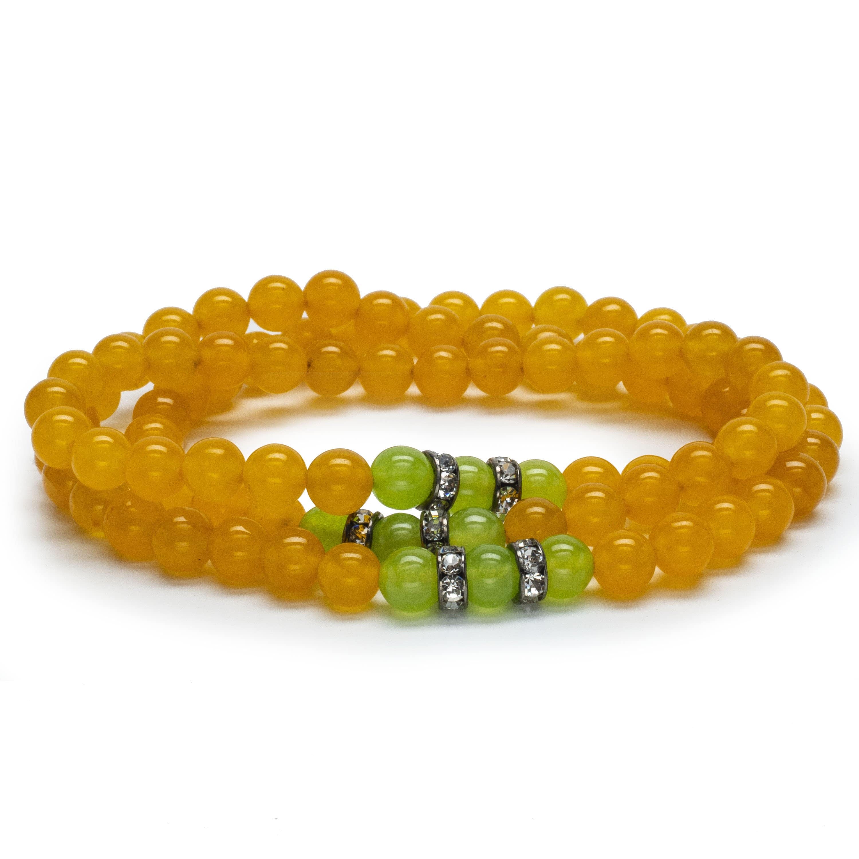 Kalifano Gemstone Bracelets Yellow Agate 6mm Beads with Green Agate and Silver Crystal Accent Beads Triple Wrap Elastic Gemstone Bracelet WHITE-BGI3-064