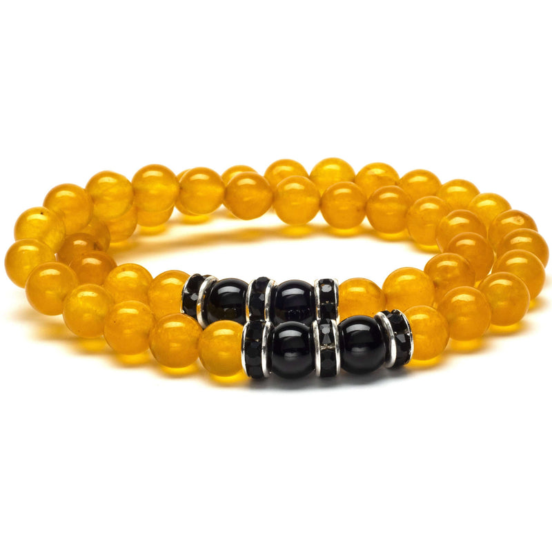 Kalifano Gemstone Bracelets Yellow Agate 8mm Beads with Black Agate and Black and Silver Accent Beads Double Wrap Elastic Gemstone Bracelet WHITE-BGI2-028