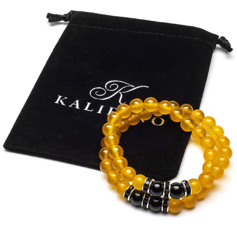 Kalifano Gemstone Bracelets Yellow Agate 8mm Beads with Black Agate and Black and Silver Accent Beads Double Wrap Elastic Gemstone Bracelet WHITE-BGI2-028