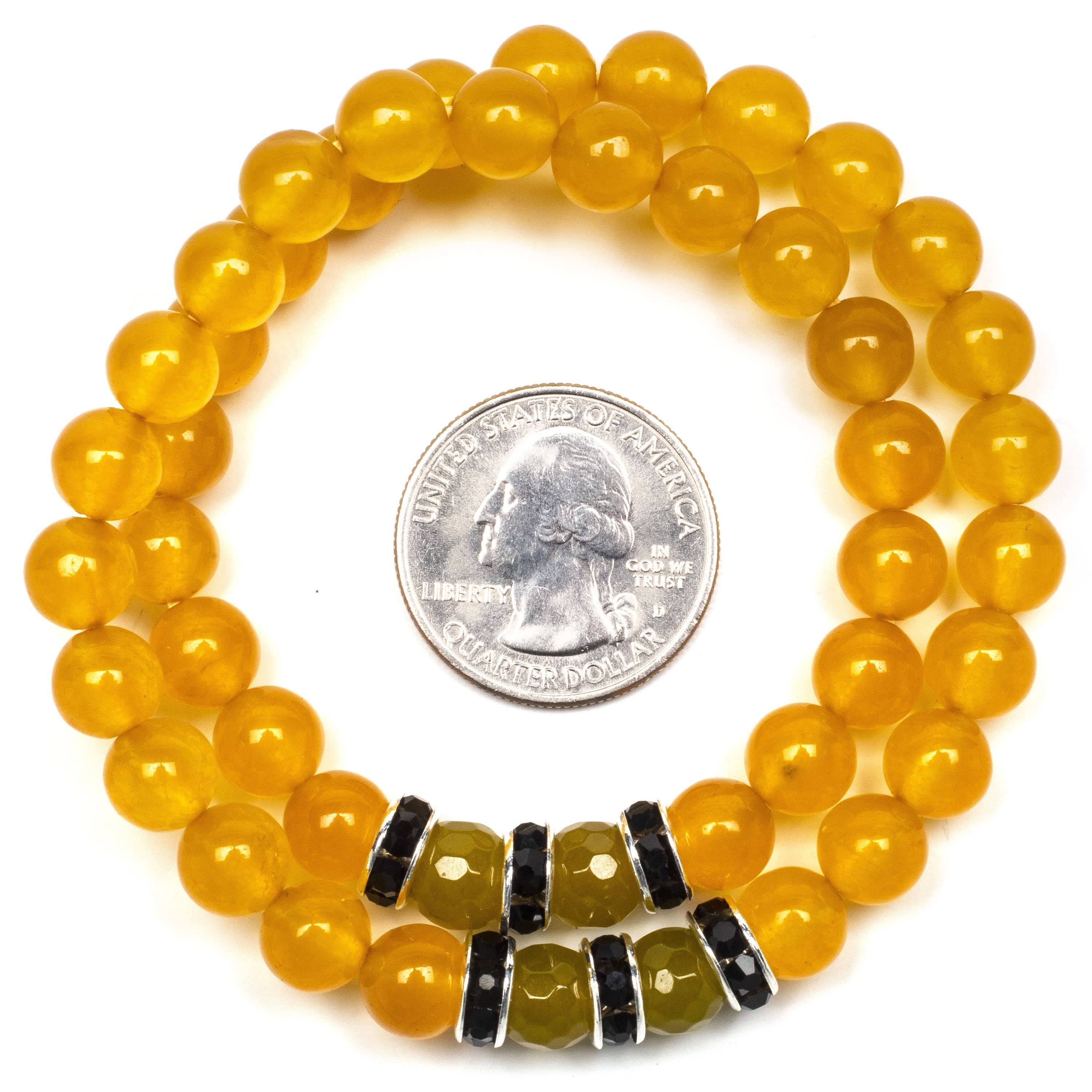 Kalifano Gemstone Bracelets Yellow Agate 8mm Beads with Green Agate and Black and Silver Accent Beads Double Wrap Elastic Gemstone Bracelet WHITE-BGI2-027
