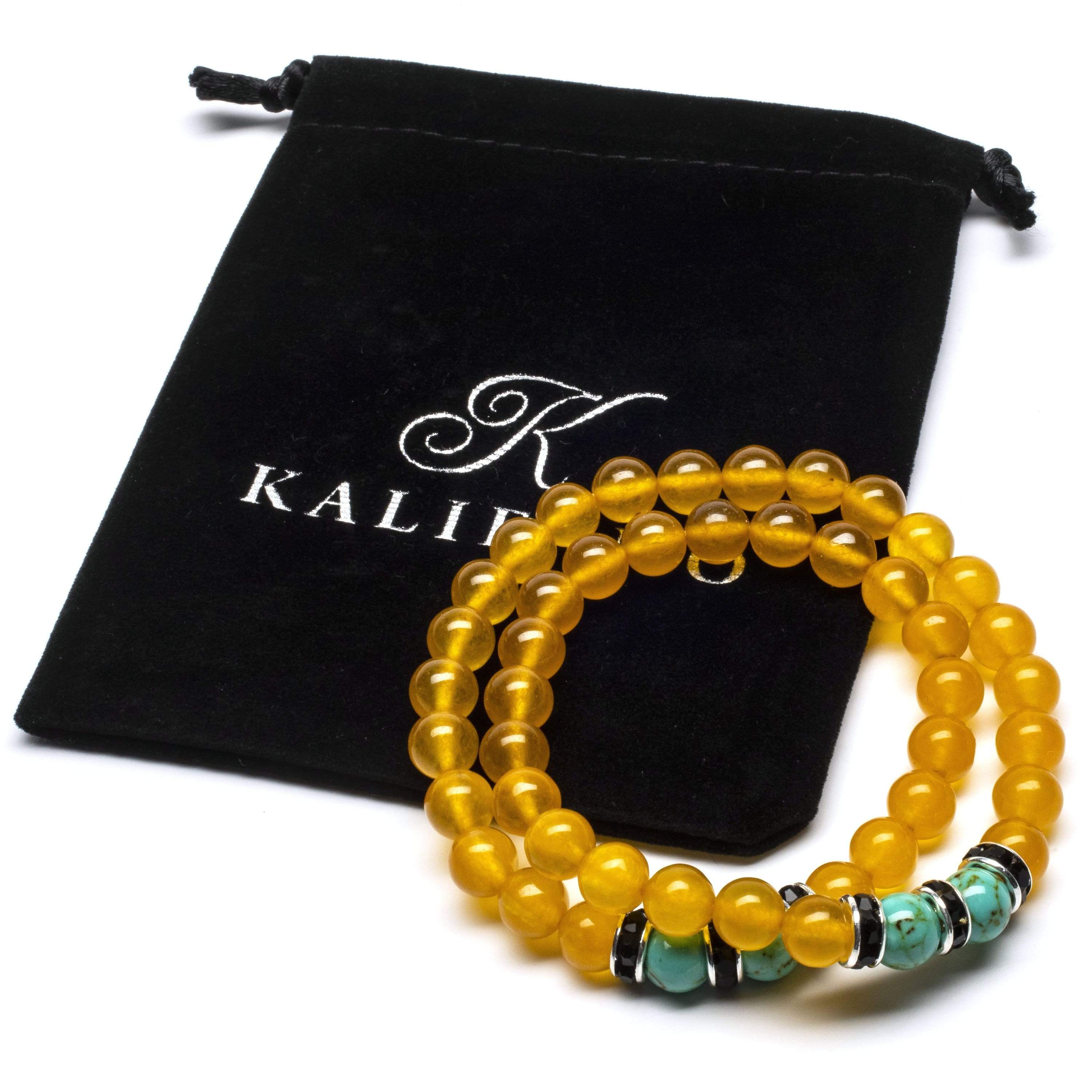 Kalifano Gemstone Bracelets Yellow Agate 8mm Beads with Howlite Turquoise and Black and Silver Accent Beads Double Wrap Elastic Gemstone Bracelet WHITE-BGI2-029