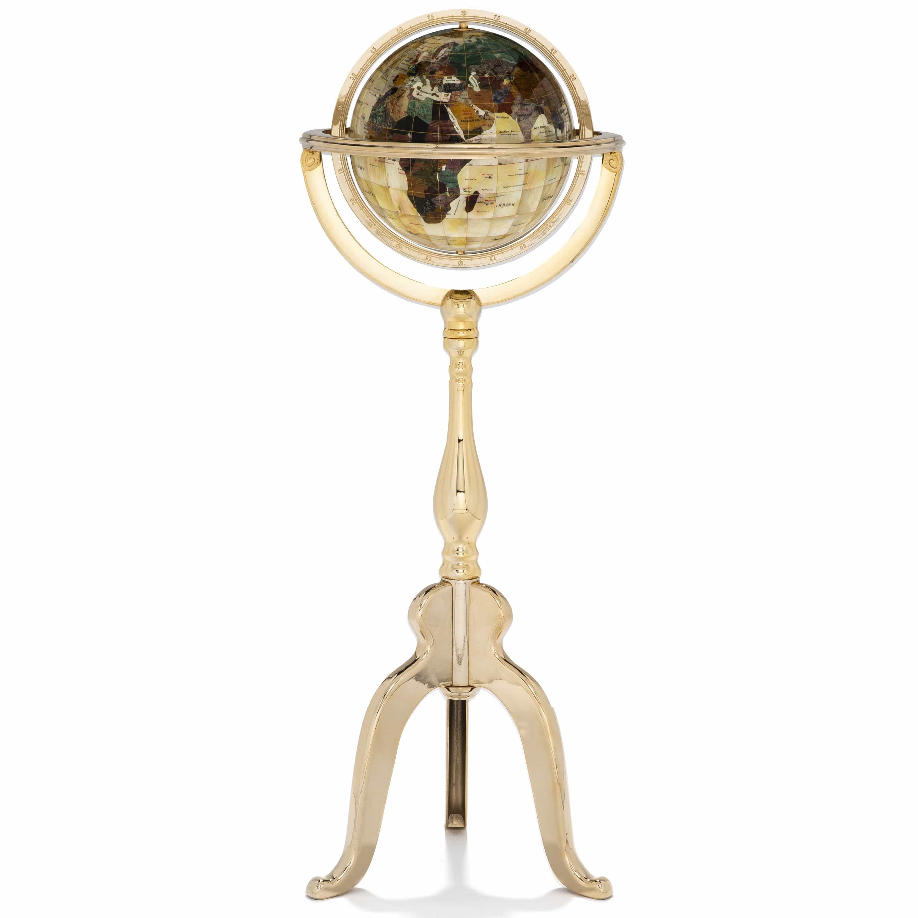 Kalifano Gemstone Globes 9" Gemstone Globe with a Mother of Pearl Full Cut Ocean on a Gold Colored Masterpiece Stand GTS220G-MOP