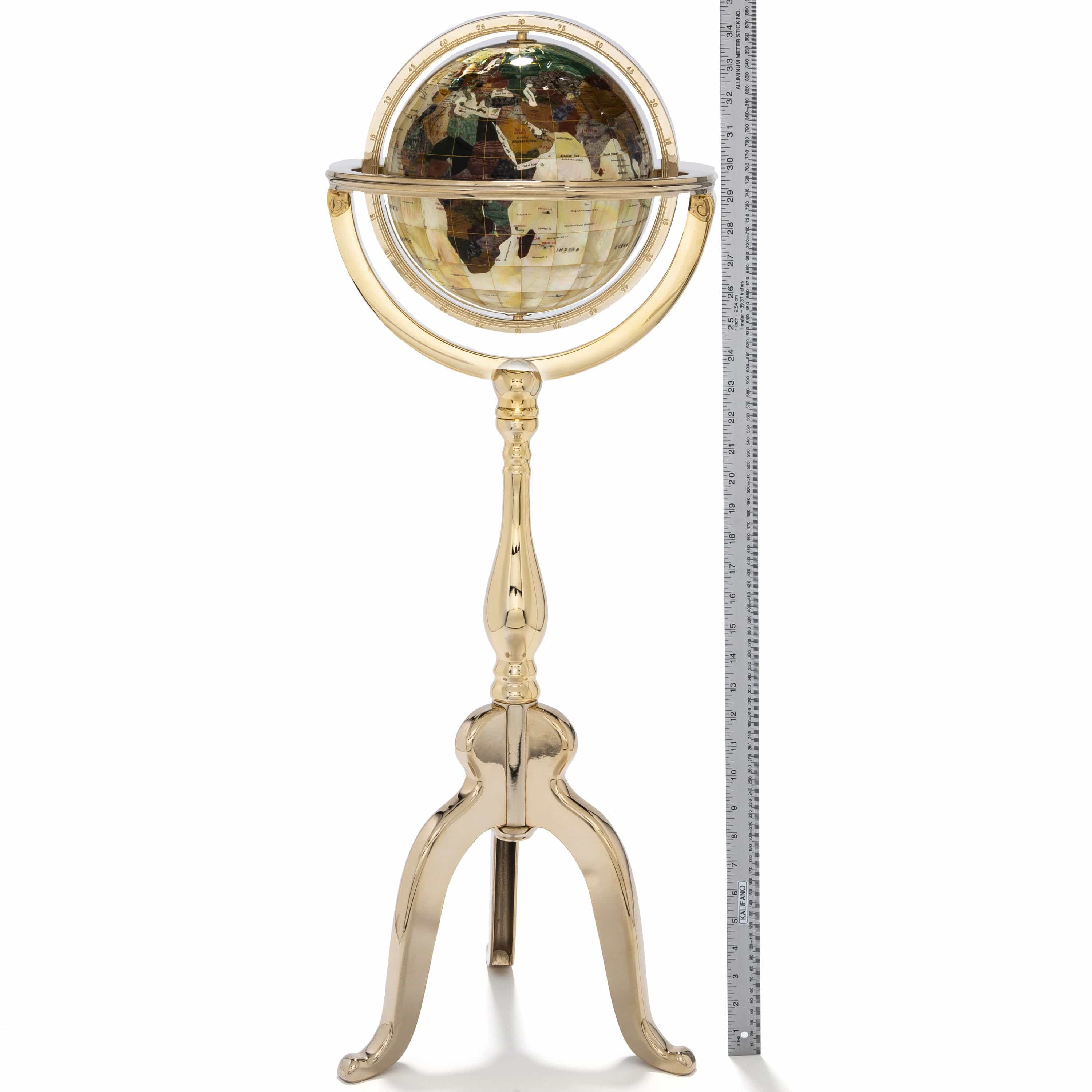 Kalifano Gemstone Globes 9" Gemstone Globe with a Mother of Pearl Full Cut Ocean on a Gold Colored Masterpiece Stand GTS220G-MOP