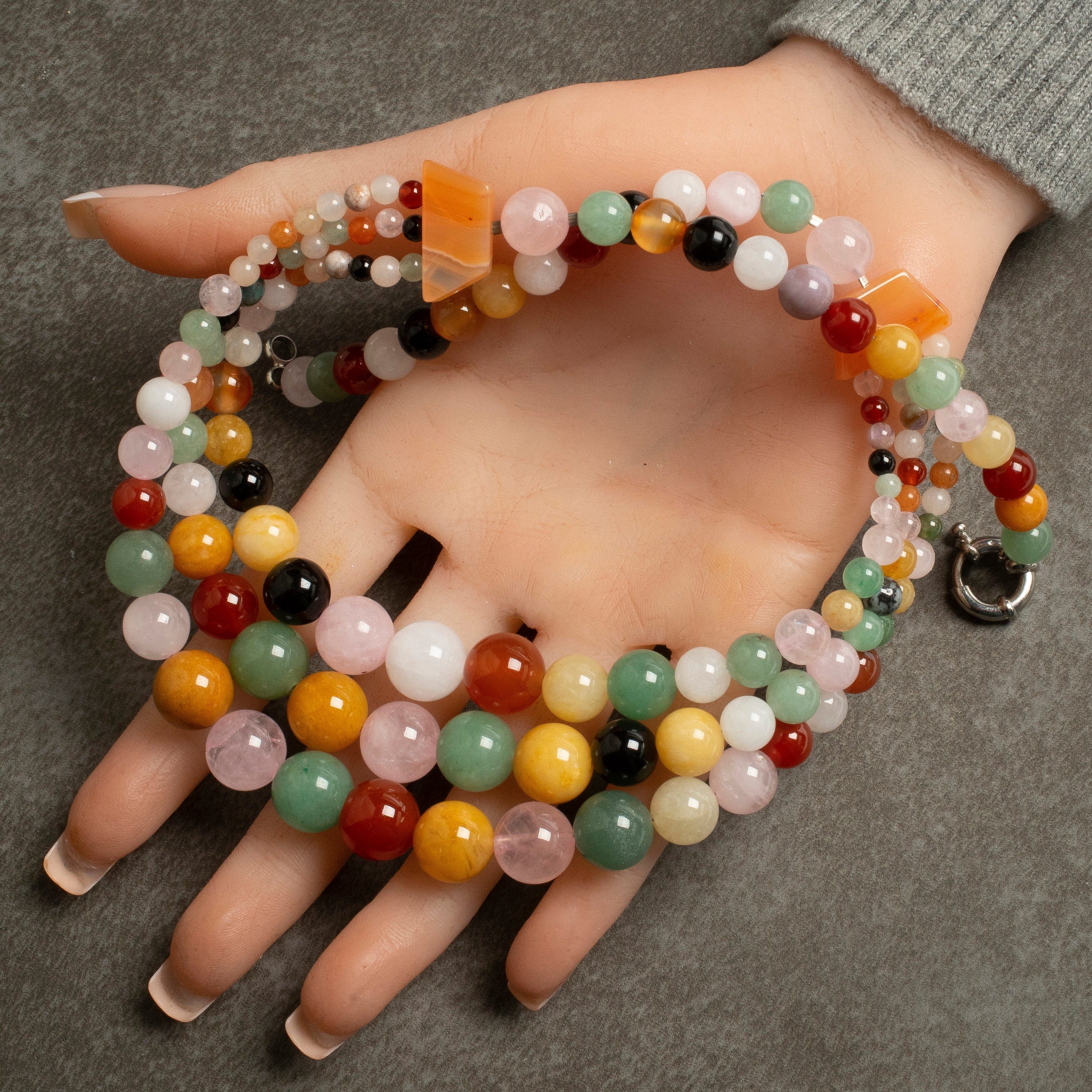 Hand-knotted semiprecious rainbow gemstone bead necklace with vintage –  Costa Blanca Designs