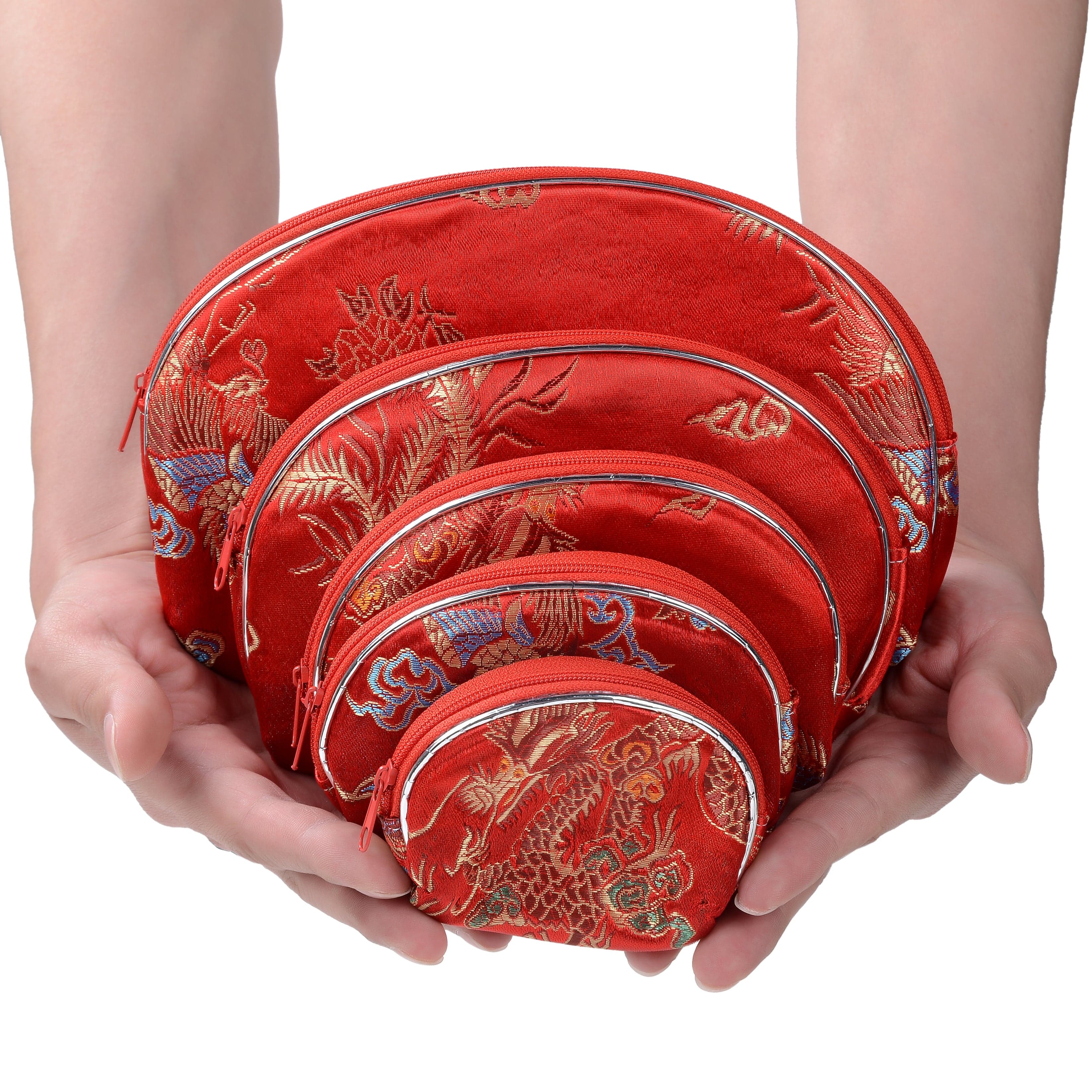 Kalifano JEWELRY POUCHES Red Dragon Silk Pouch - 5 piece set POUCH5-RD