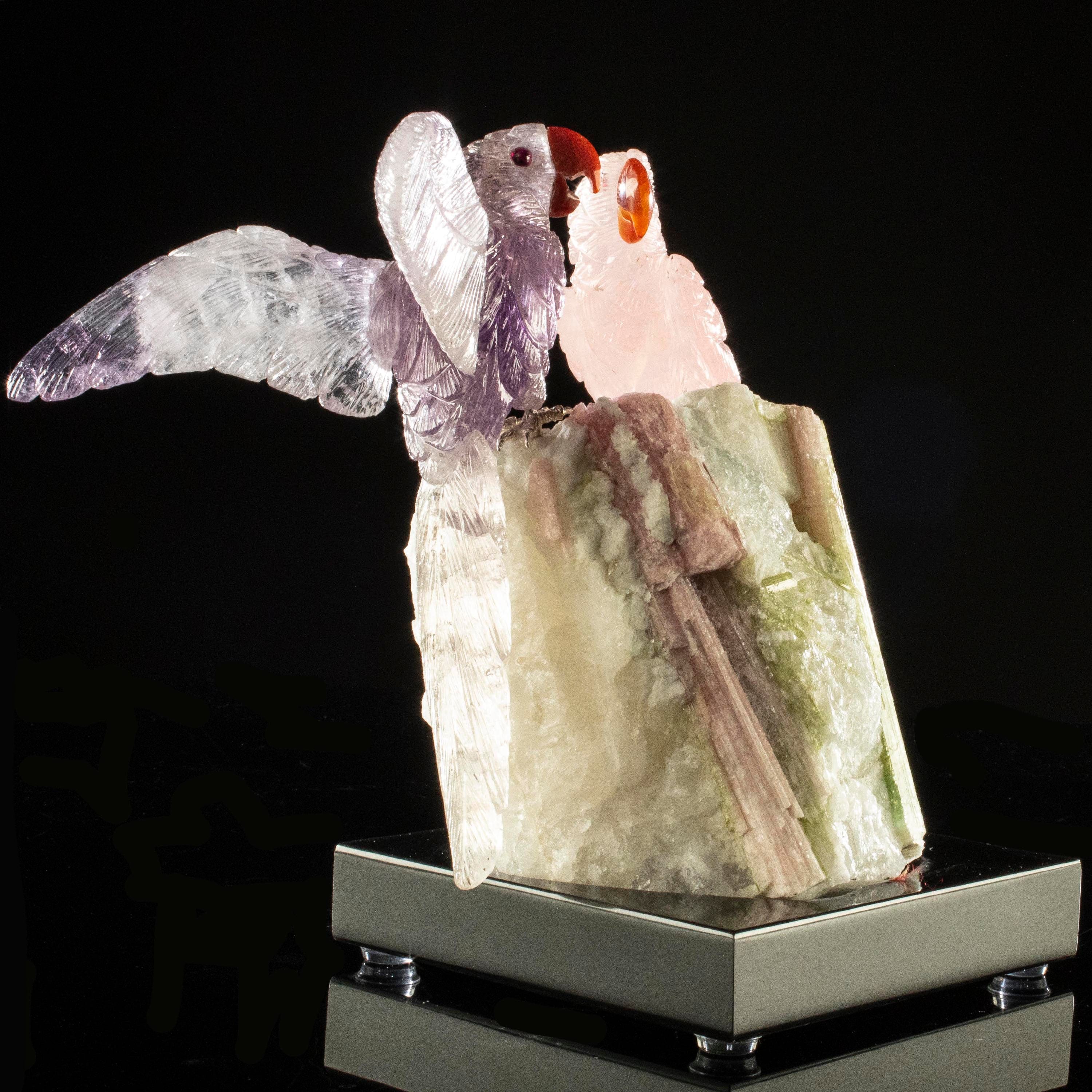 Kalifano Love Birds Carvings Amethyst and Rose Quartz Macaw Couple Love Birds Carving on Base LB.B201.002