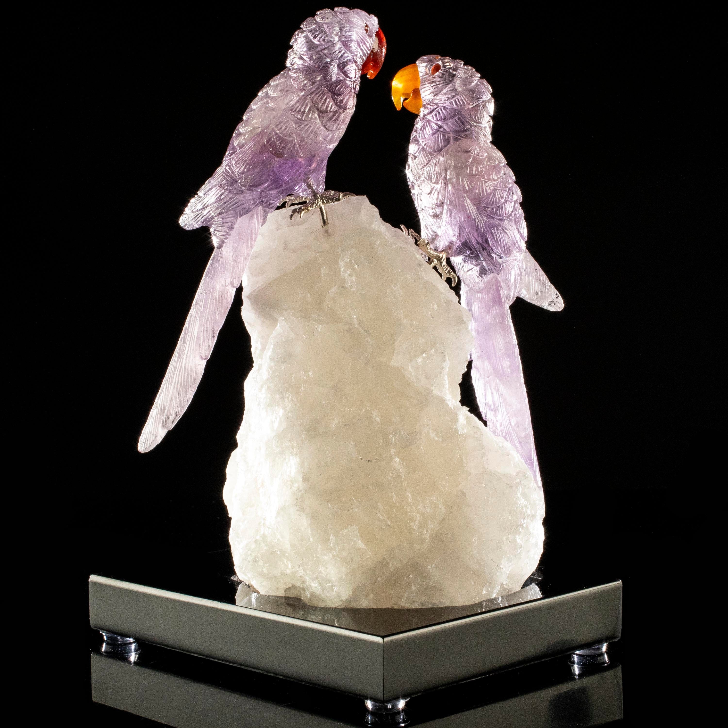 Kalifano Love Birds Carvings Amethyst Macaw Couple Love Birds Carving on Tourmaline Base LB.B201.003