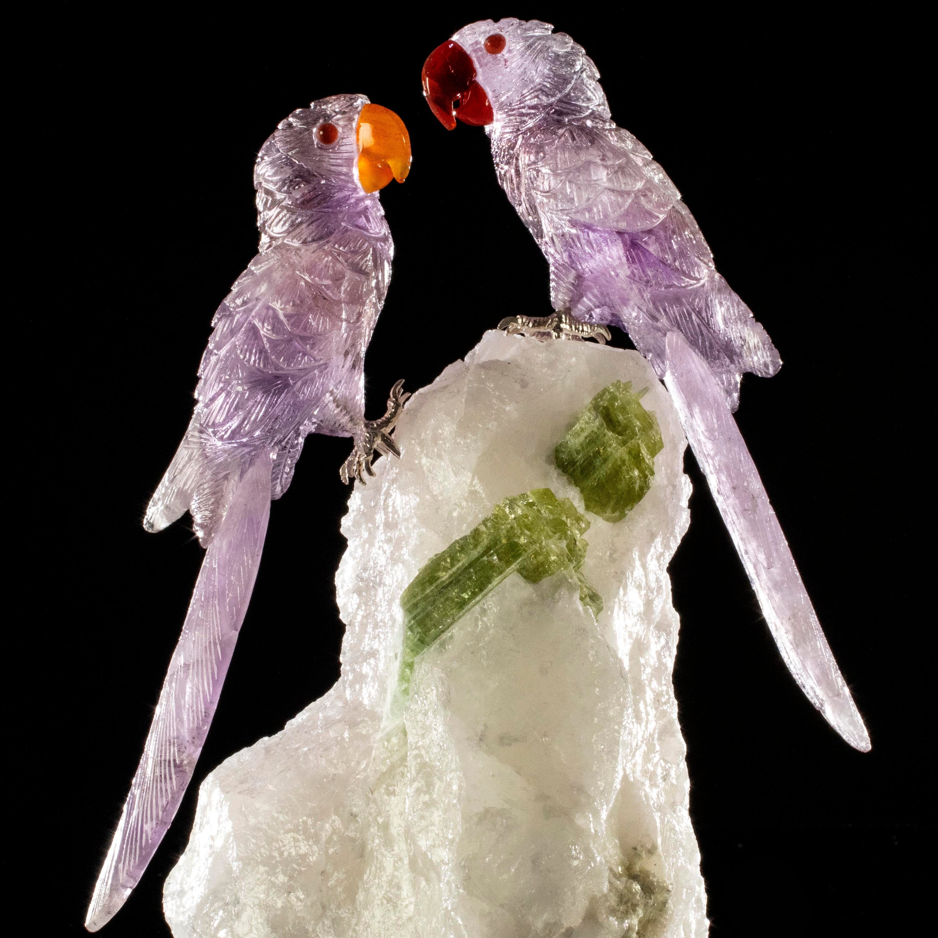 Kalifano Love Birds Carvings Amethyst Macaw Couple Love Birds Carving on Tourmaline Base LB.B201.003