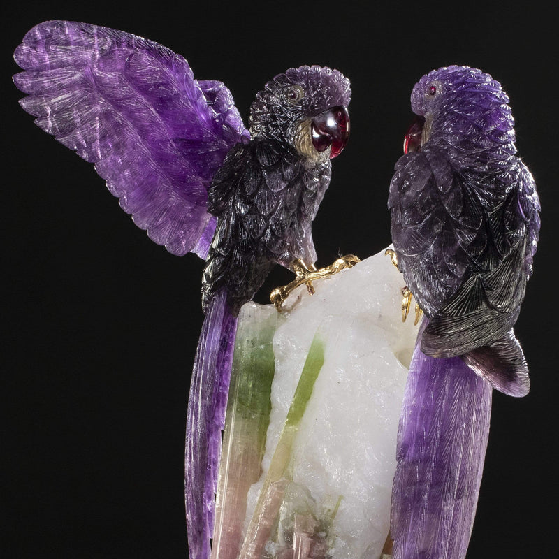 Kalifano Love Birds Carvings Amethyst Macaw Couple Love Birds Carving on Watermelon Tourmaline Base LB.72000.001