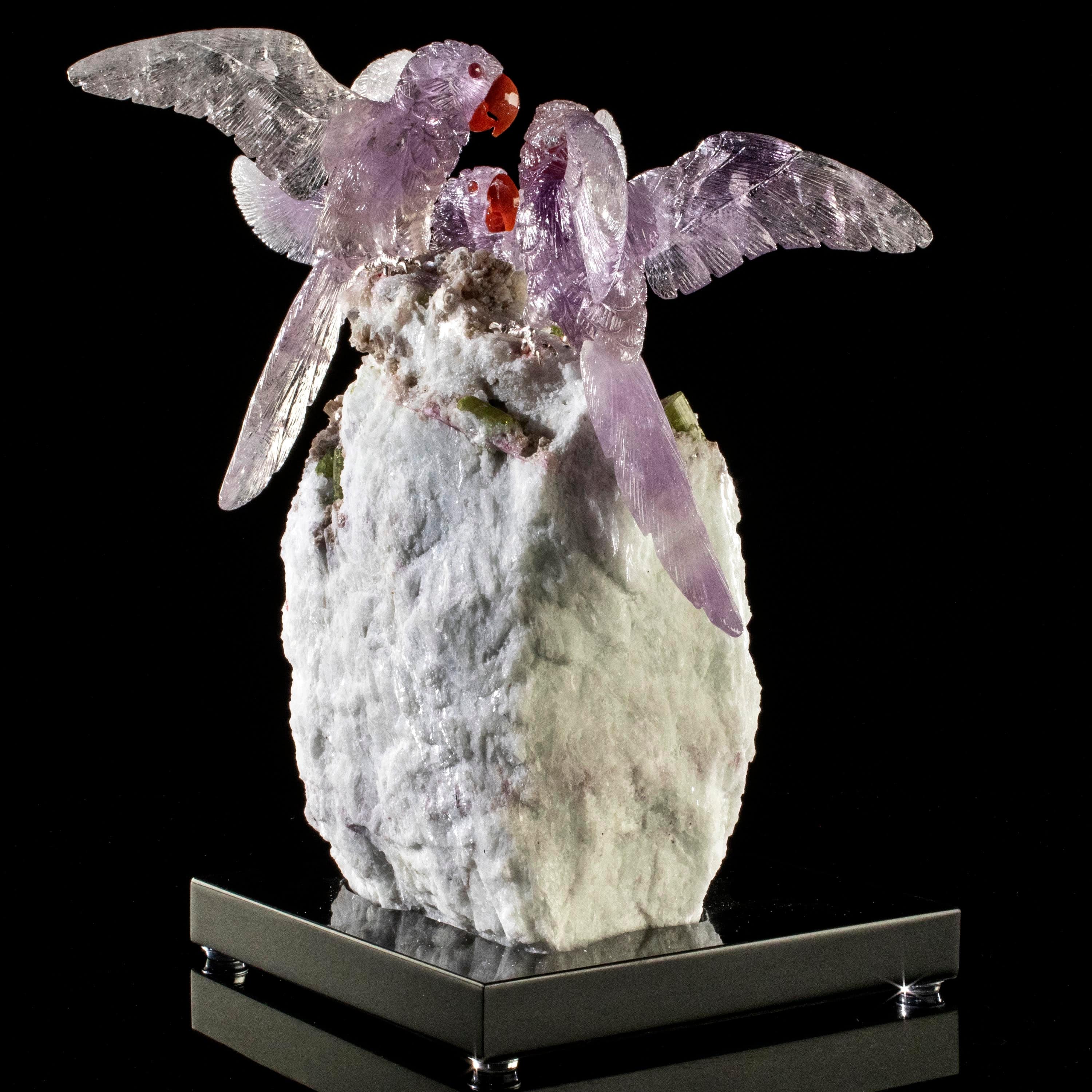Kalifano Love Birds Carvings Amethyst Macaw Family Love Birds Carving on Watermelon Tourmaline Base LB.B302.006