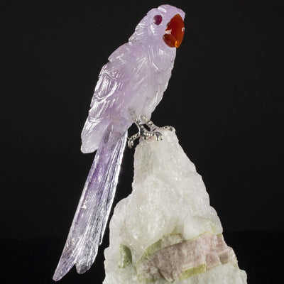 Kalifano Love Birds Carvings Amethyst Macaw Love Birds Carving on Calcite & Watermelon Tourmaline Base LB.B101.005