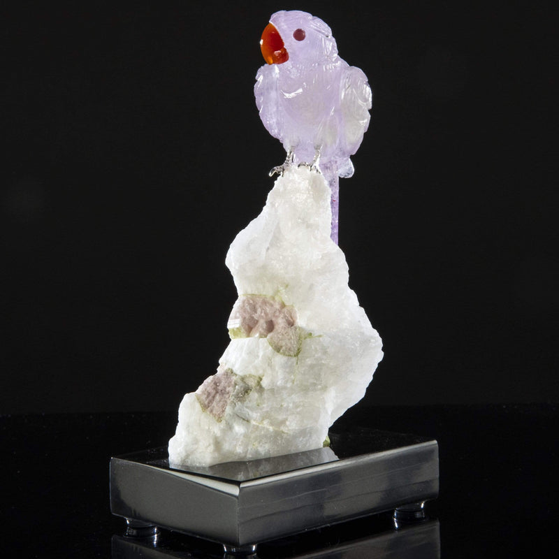 Kalifano Love Birds Carvings Amethyst Macaw Love Birds Carving on Calcite & Watermelon Tourmaline Base LB.B101.005