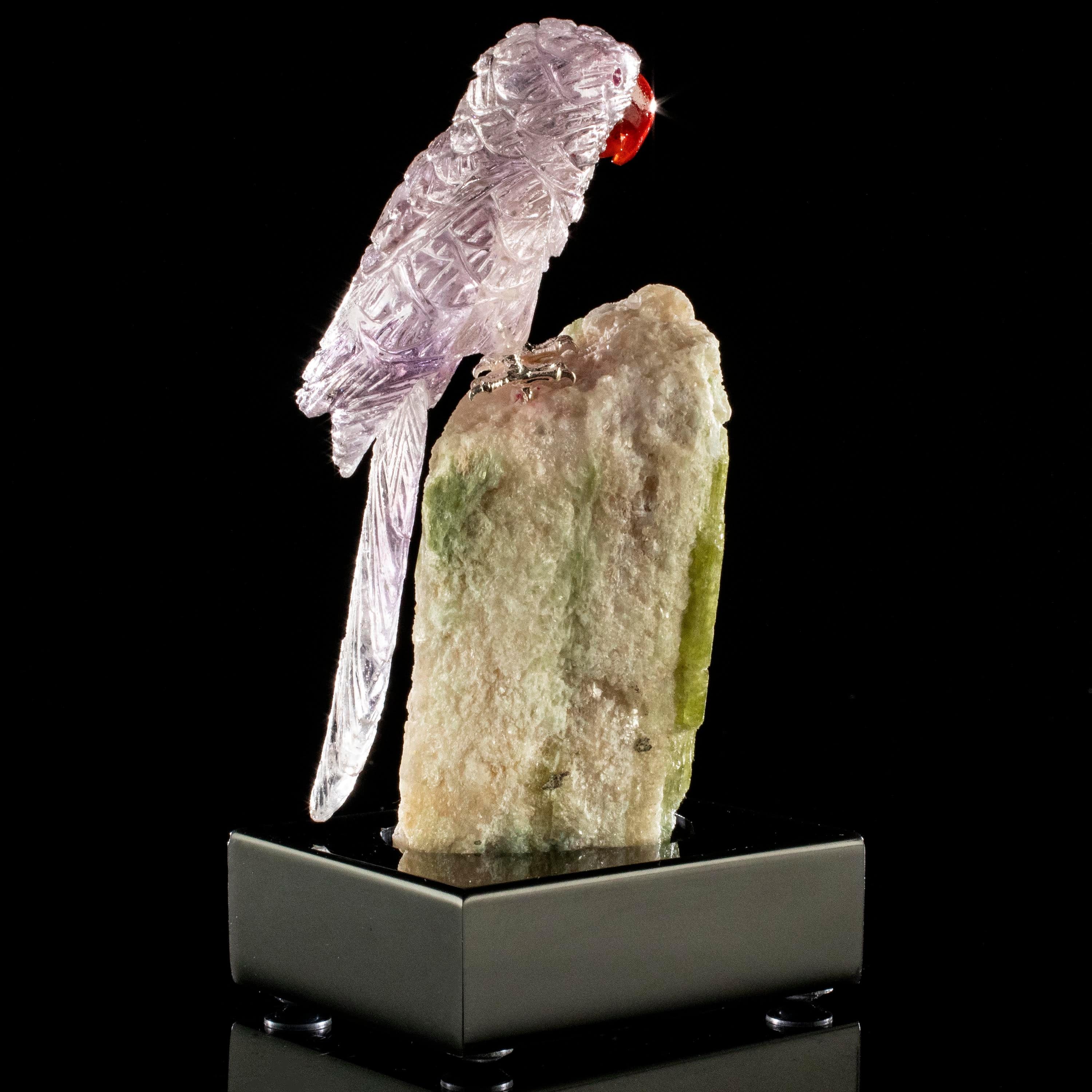 Kalifano Love Birds Carvings Amethyst Macaw Love Birds Carving on Watermelon Tourmaline Base LB.C116.008
