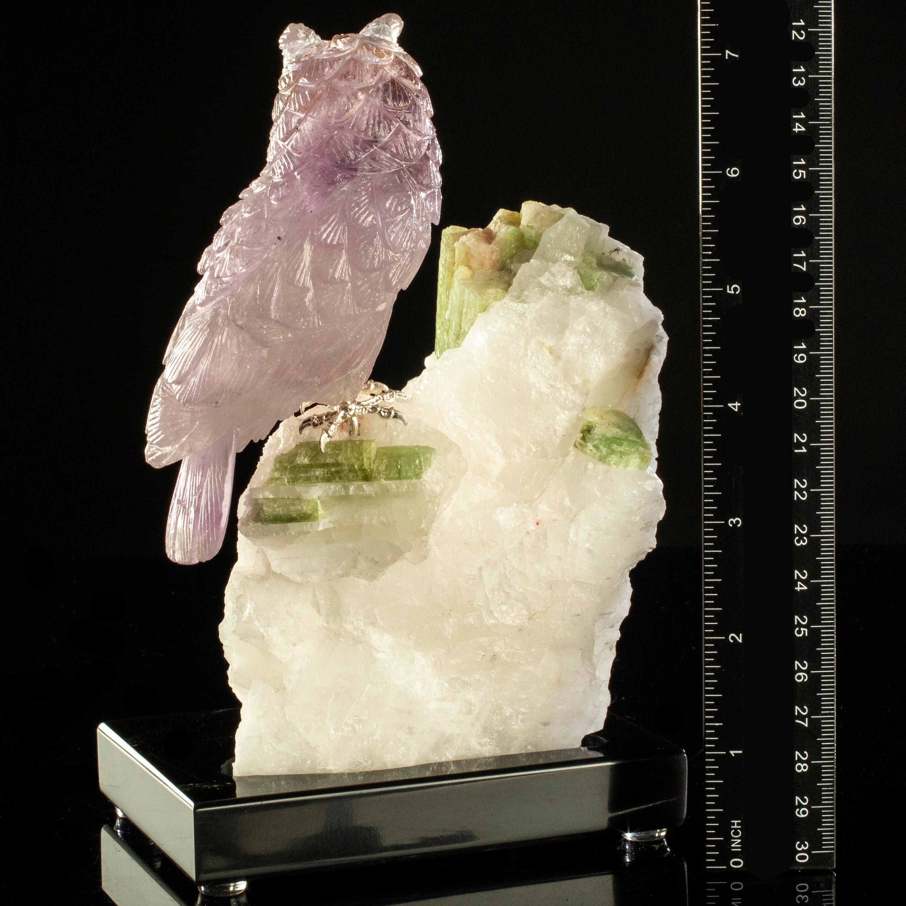 Kalifano Love Birds Carvings Amethyst Owl Love Birds Carving on Tourmaline Base LB.A103.001
