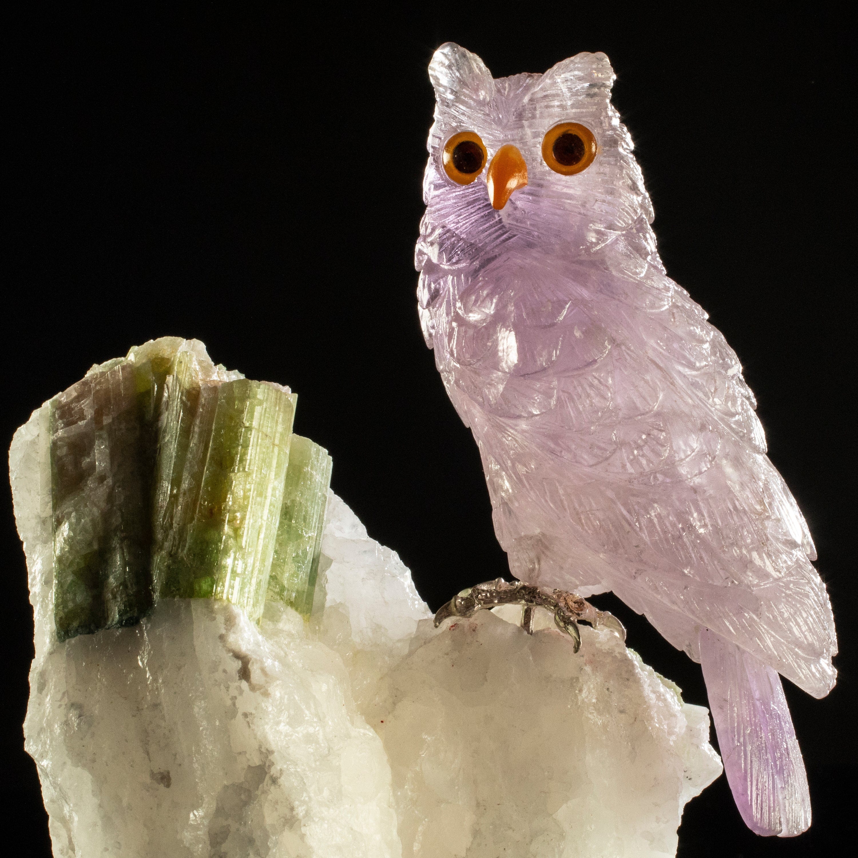 Kalifano Love Birds Carvings Amethyst Owl Love Birds Carving on Tourmaline Base LB.A103.001