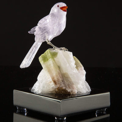 Kalifano Love Birds Carvings Amethyst Sparrow Love Birds Carving on Calcite & Watermelon Tourmaline Base LB.A133.002