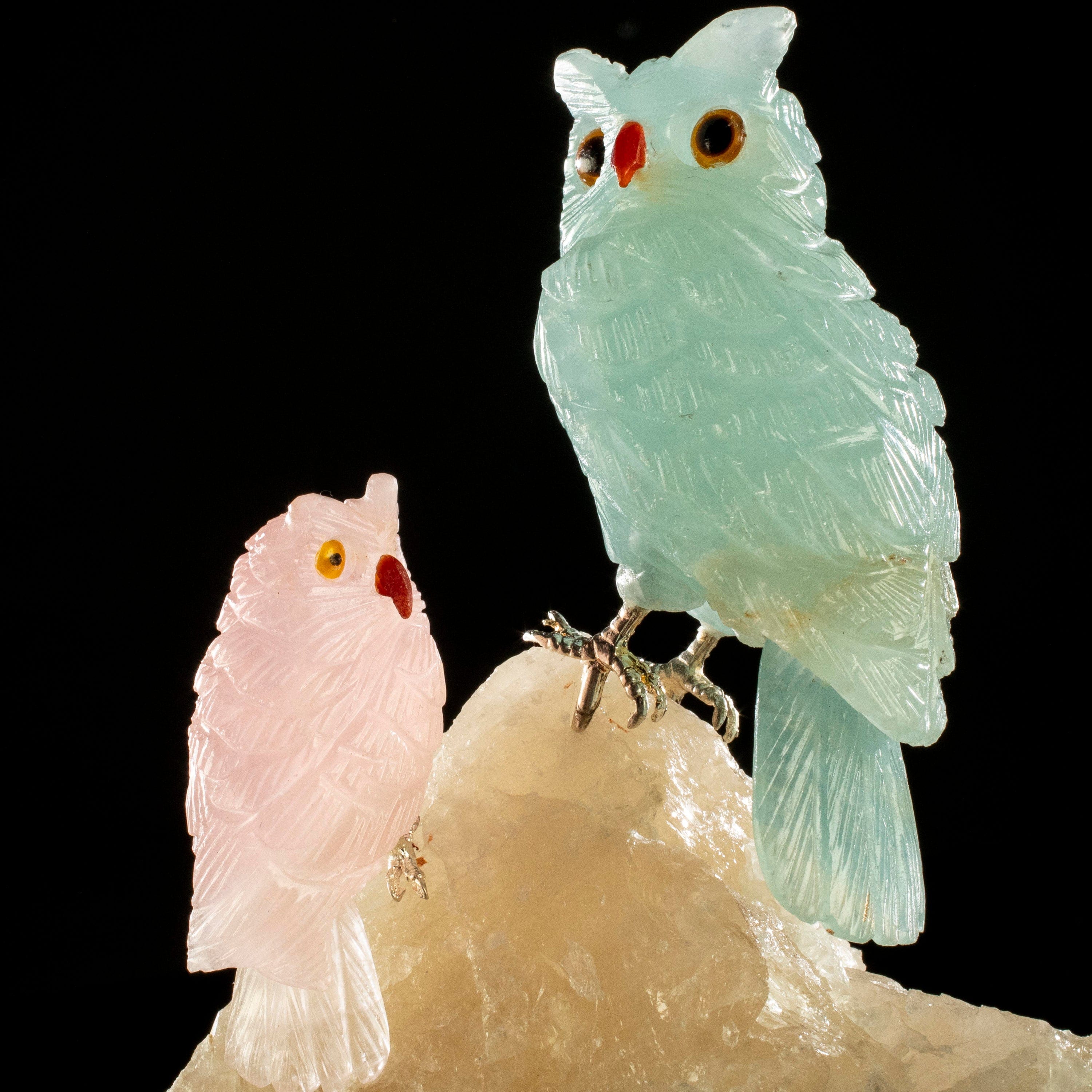 Kalifano Love Birds Carvings Blue Calcite and Rose Quartz Owl Couple Love Birds Carving on Tourmaline Base LB.A129.007
