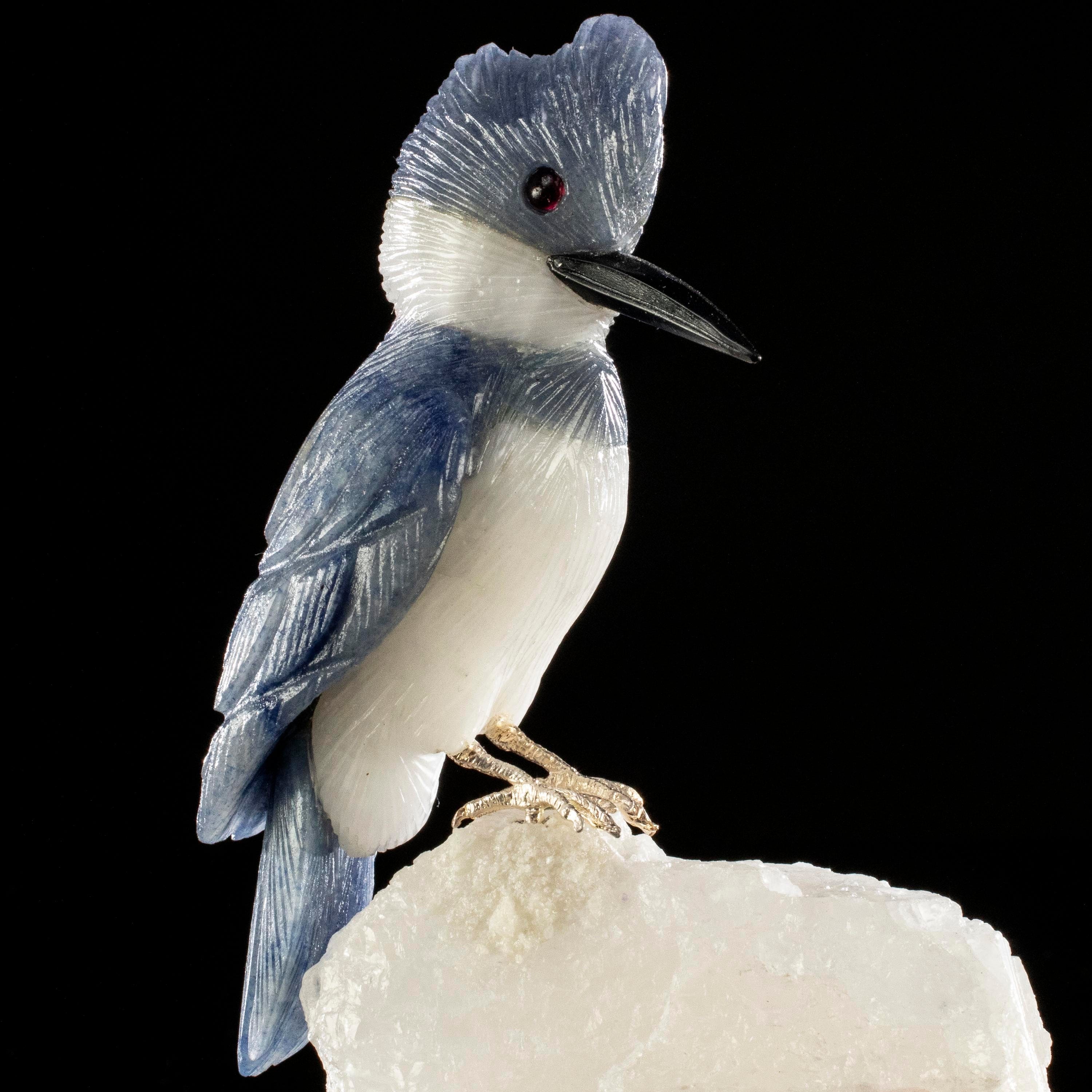 Kalifano Love Birds Carvings Dumortuorite Belted Kingfisher Love Birds Carving on Watermelon Tourmaline Base LB.A112.006