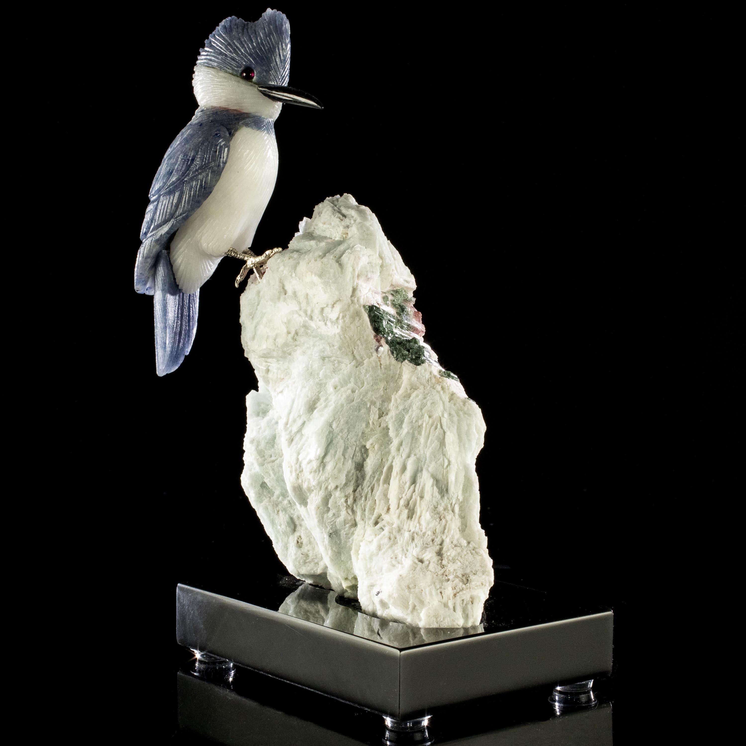 Kalifano Love Birds Carvings Dumortuorite Belted Kingfisher Love Birds Carving on Watermelon Tourmaline Base LB.A112.007
