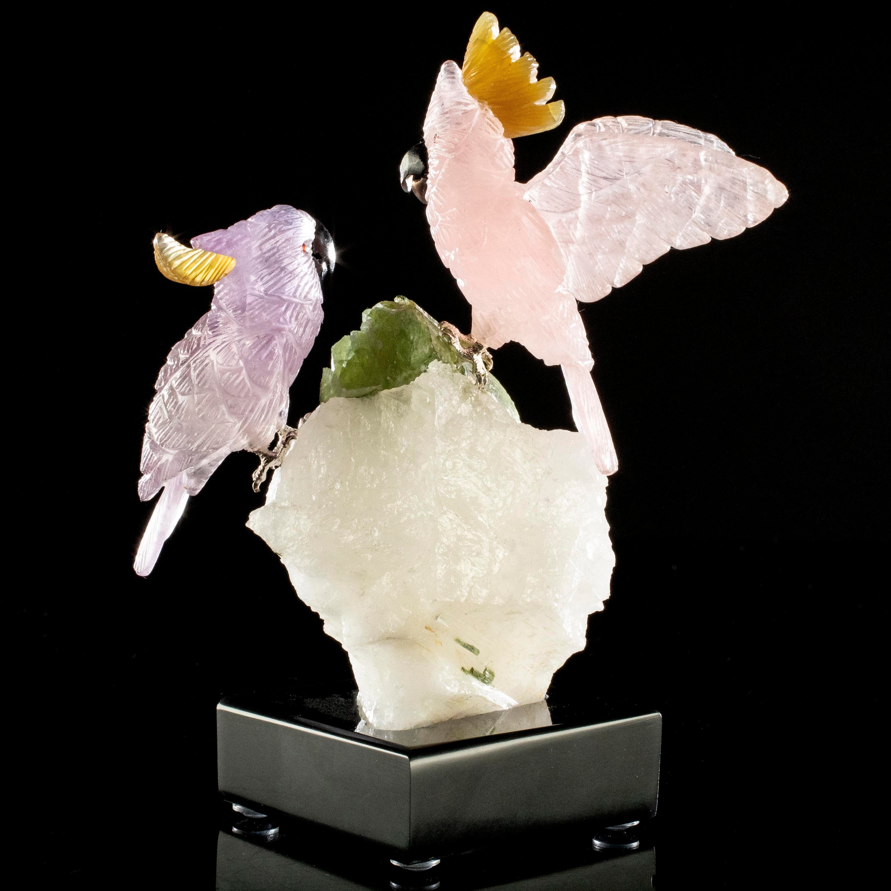 Kalifano Love Birds Carvings Rose Quartz and Amethyst Cockatoo Couple Love Birds Carving on Tourmaline Base LB.C405.010