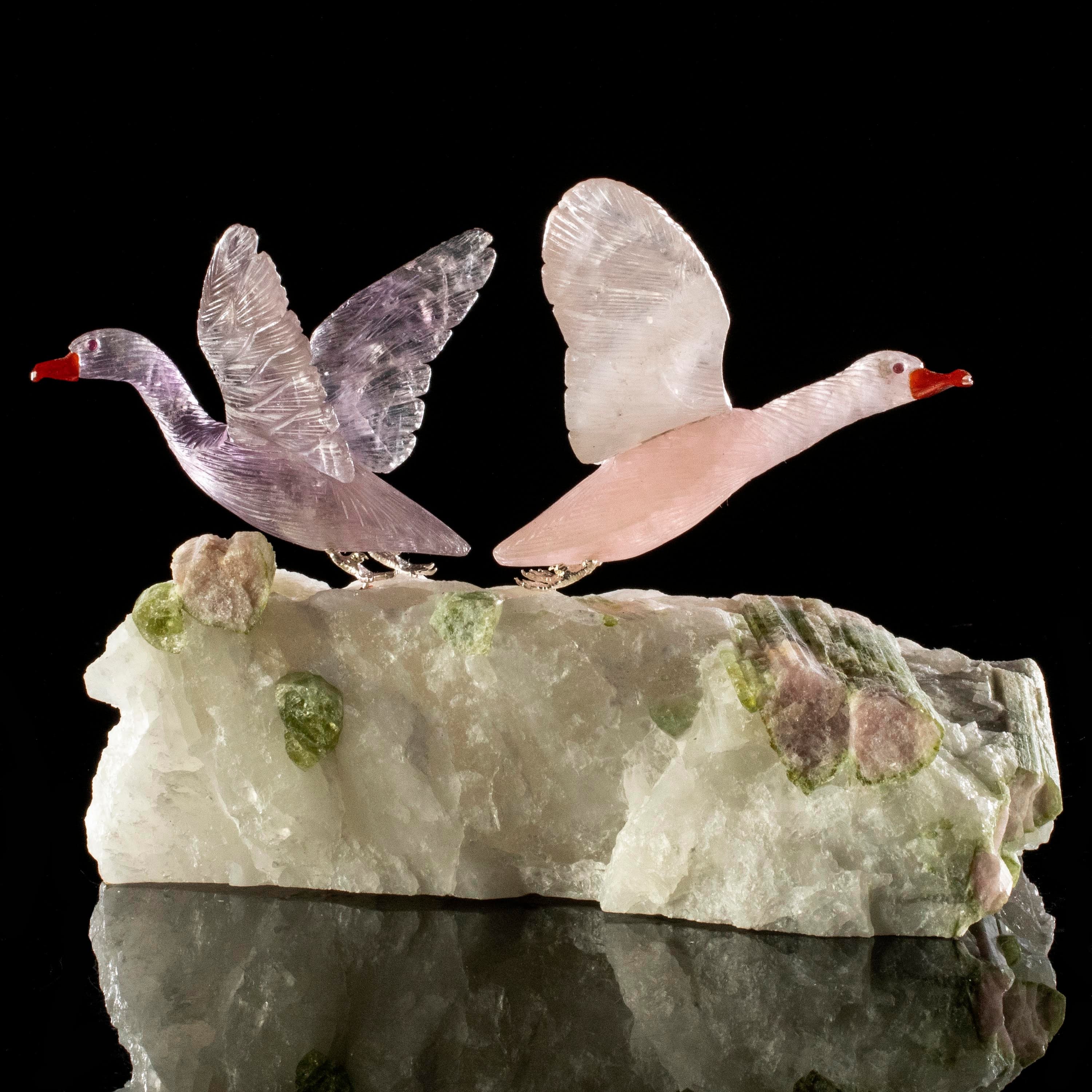 Kalifano Love Birds Carvings Rose Quartz and Amethyst Goose Couple Love Birds Carving on Watermelon Tourmaline Base LB.A238.006