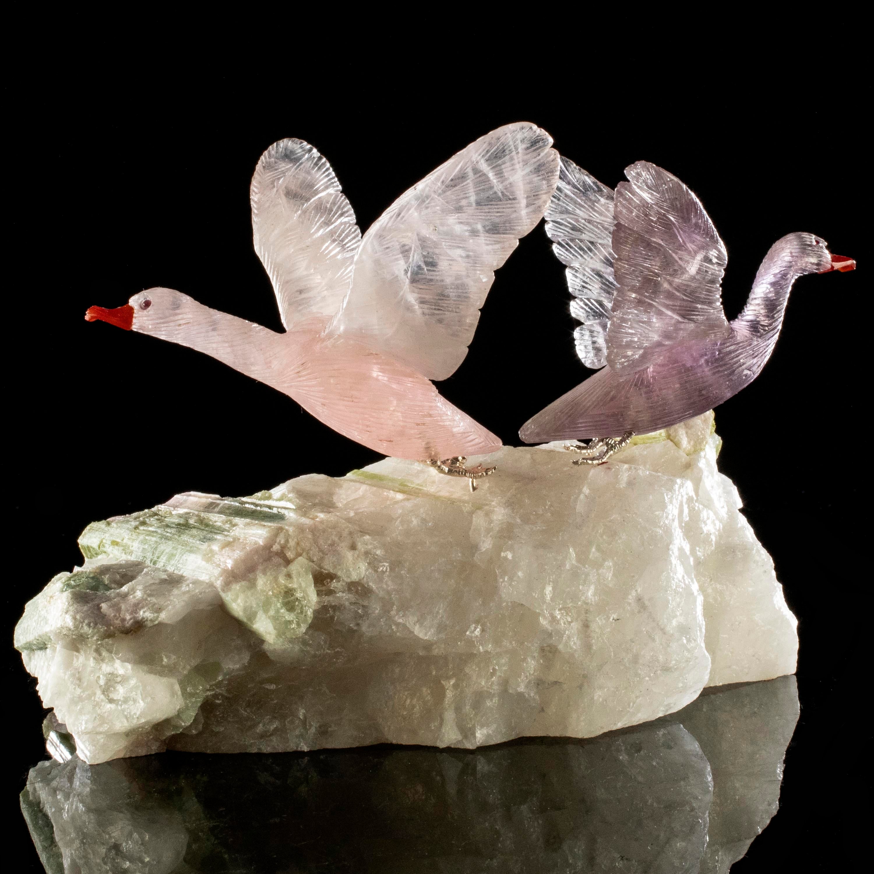 Kalifano Love Birds Carvings Rose Quartz and Amethyst Goose Couple Love Birds Carving on Watermelon Tourmaline Base LB.A238.006