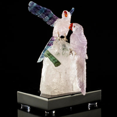 Kalifano Love Birds Carvings Rose Quartz and Amethyst Macaw Couple Love Birds Carving on Tourmaline Base LB.C226.016