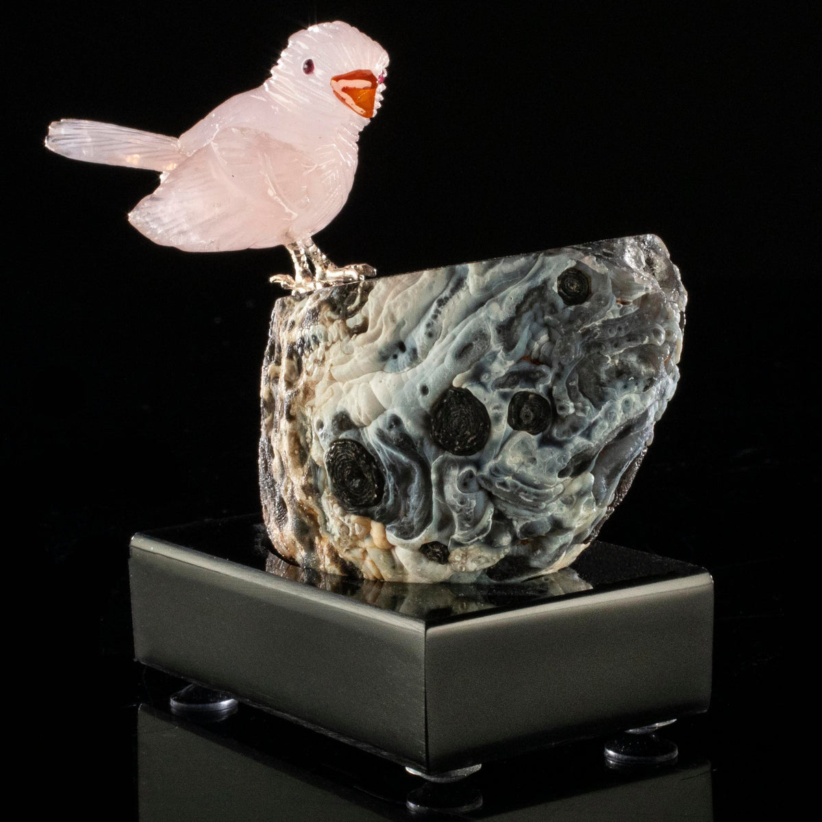Kalifano Love Birds Carvings Rose Quartz Sparrow Love Birds Carving on Agate Base LB.C104.013
