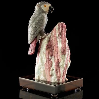 Kalifano Love Birds Carvings Smoky Quartz and Rhodonite African Grey Parrot Love Birds Carving on Watermelon Tourmaline Base LB.B136.010