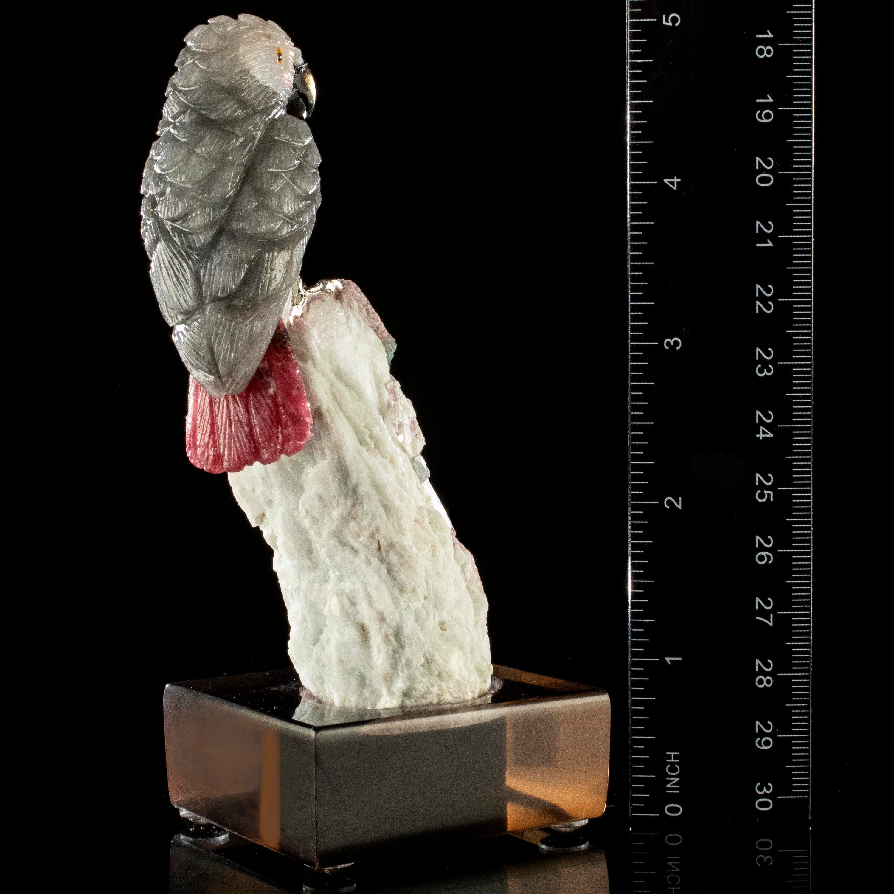 Kalifano Love Birds Carvings Smoky Quartz and Rhodonite African Grey Parrot Love Birds Carving on Watermelon Tourmaline Base LB.B143.001