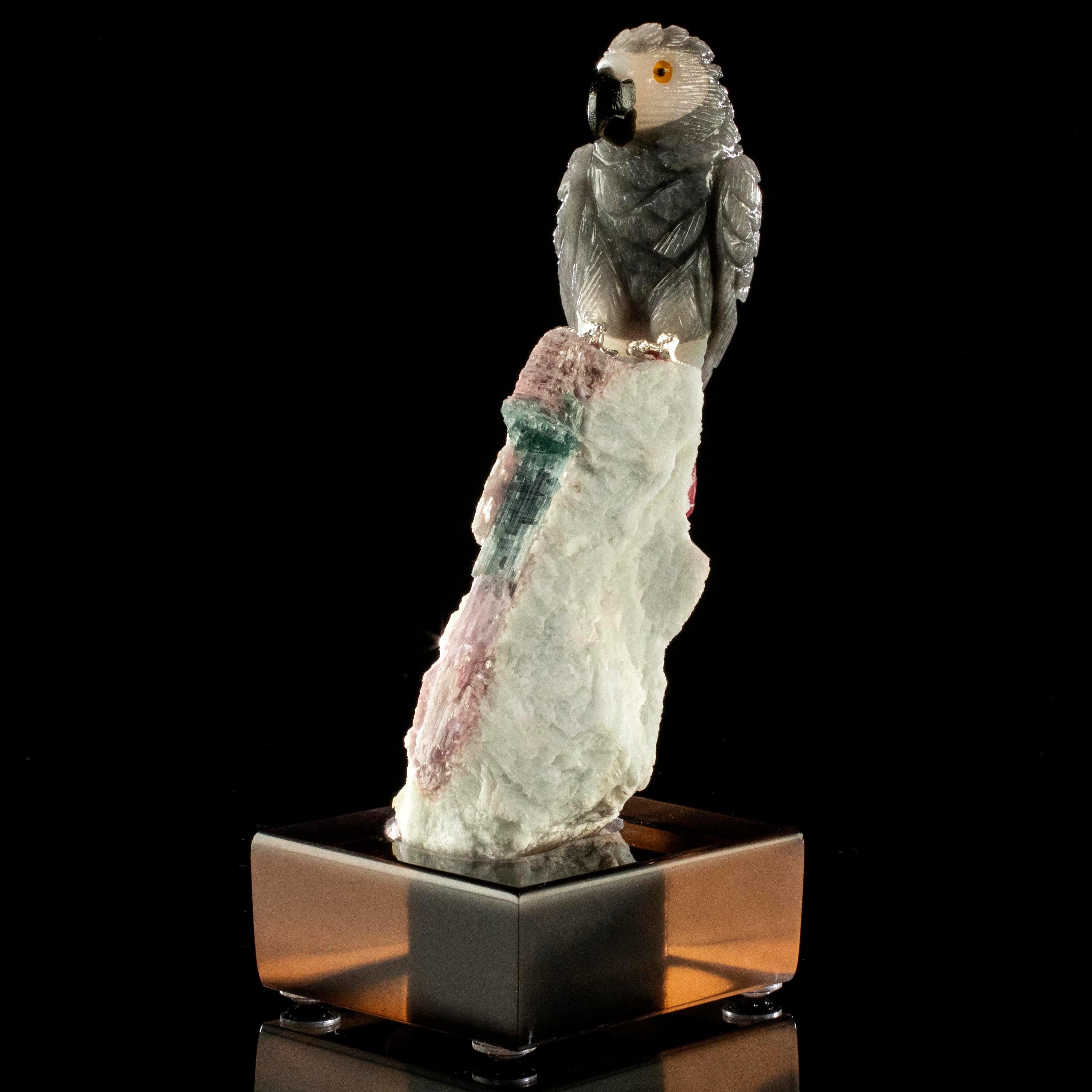 Kalifano Love Birds Carvings Smoky Quartz and Rhodonite African Grey Parrot Love Birds Carving on Watermelon Tourmaline Base LB.B143.001