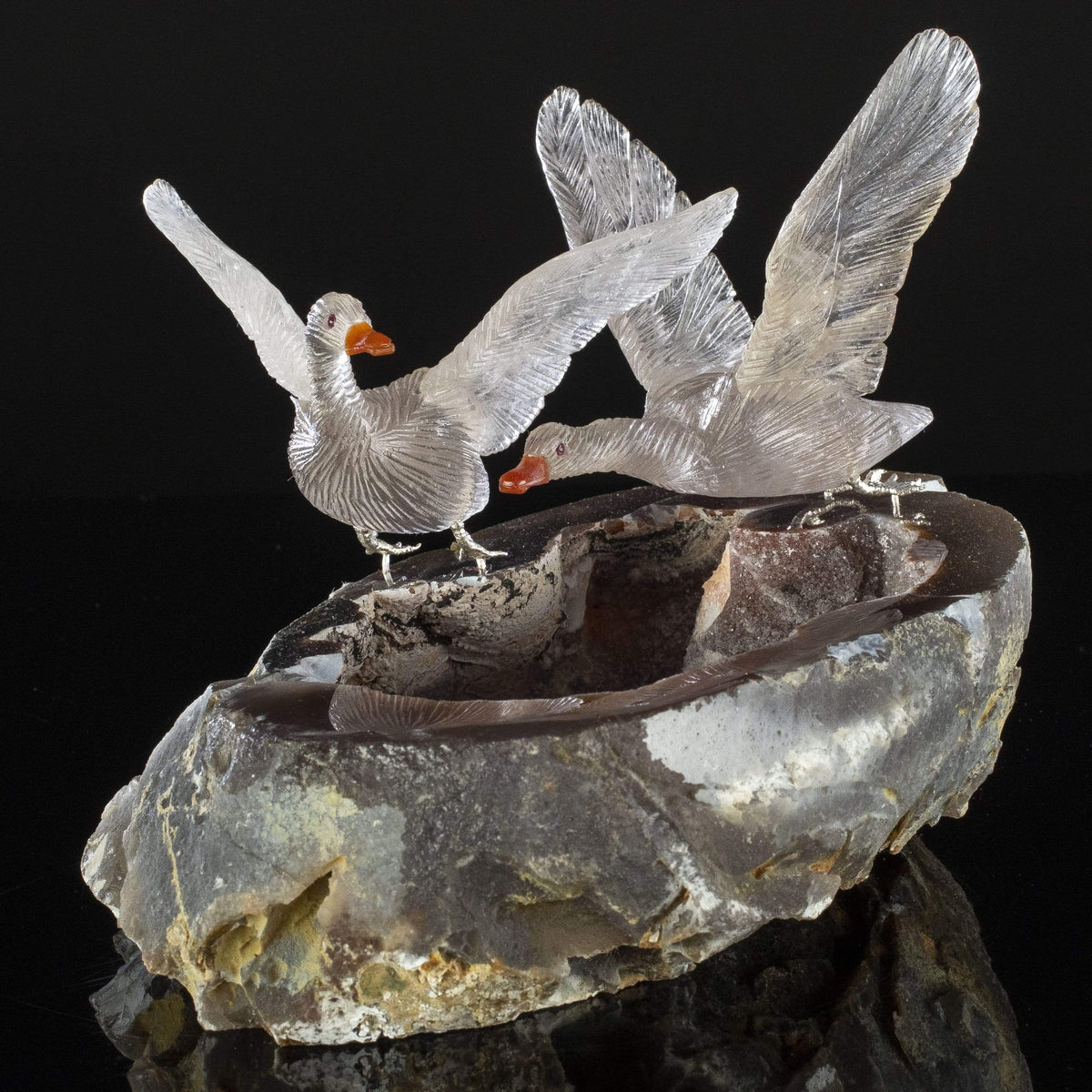Kalifano Love Birds Carvings Smoky Quartz Goose Couple Love Birds Carving on Agate Geode Base LB.A238.002