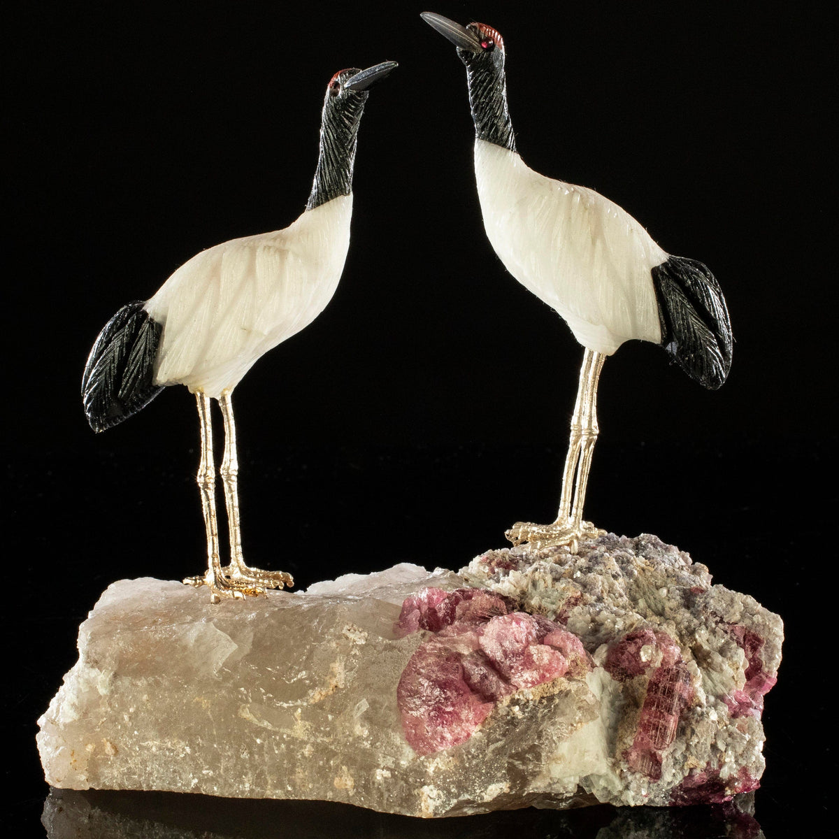 Kalifano Love Birds Carvings White Quartz and Obsidian Stork Couple Love Birds Carving on Rubellite Base LB.A243.001