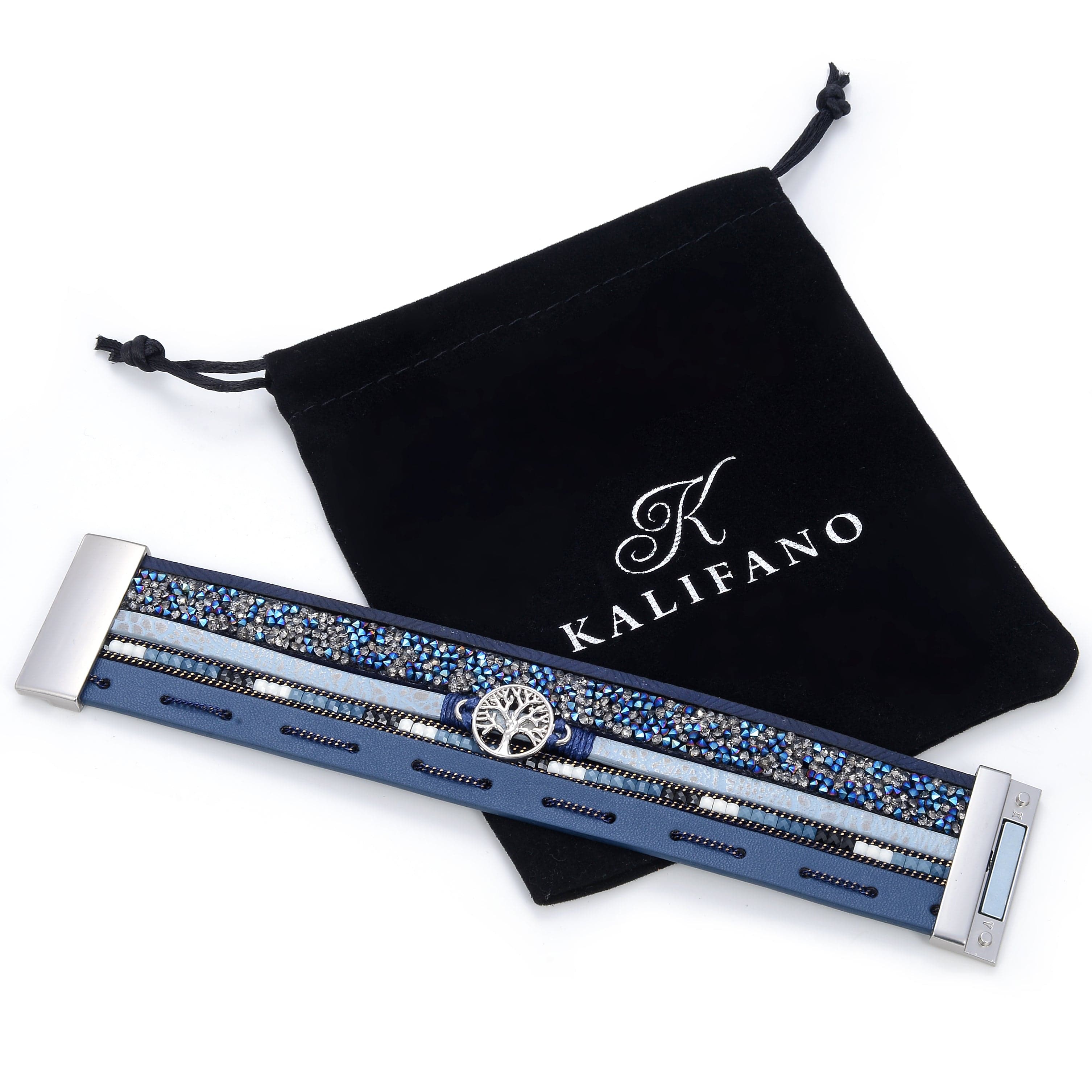 Kalifano Multiwrap Bracelets Multiple Layer Mosaic Crystal Leather Strand Bracelet Navy Blue With Magnetic Clasp BMW-08-NY