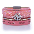 Multiple Layer Mosaic Crystal Leather Strand Bracelet Pink With Magnetic Clasp
