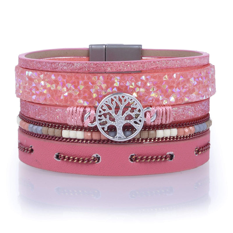 Kalifano Multiwrap Bracelets Multiple Layer Mosaic Crystal Leather Strand Bracelet Pink With Magnetic Clasp BMW-08-PK