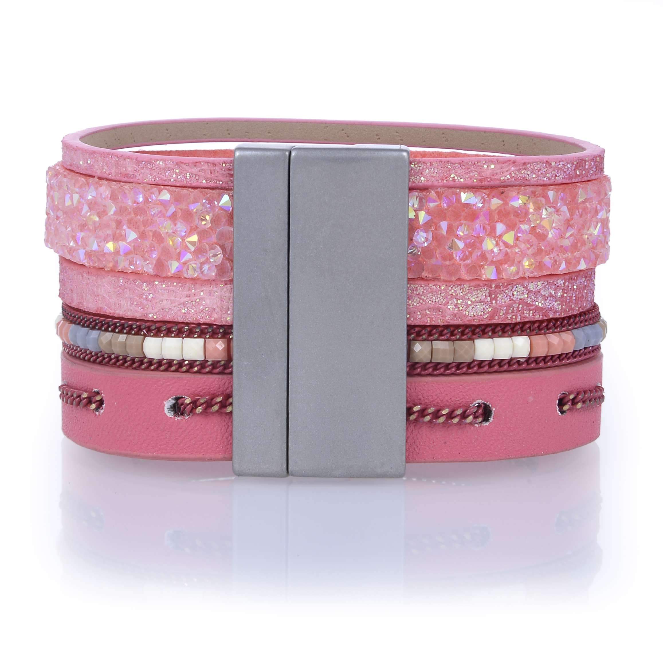 Kalifano Multiwrap Bracelets Multiple Layer Mosaic Crystal Leather Strand Bracelet Pink With Magnetic Clasp BMW-08-PK